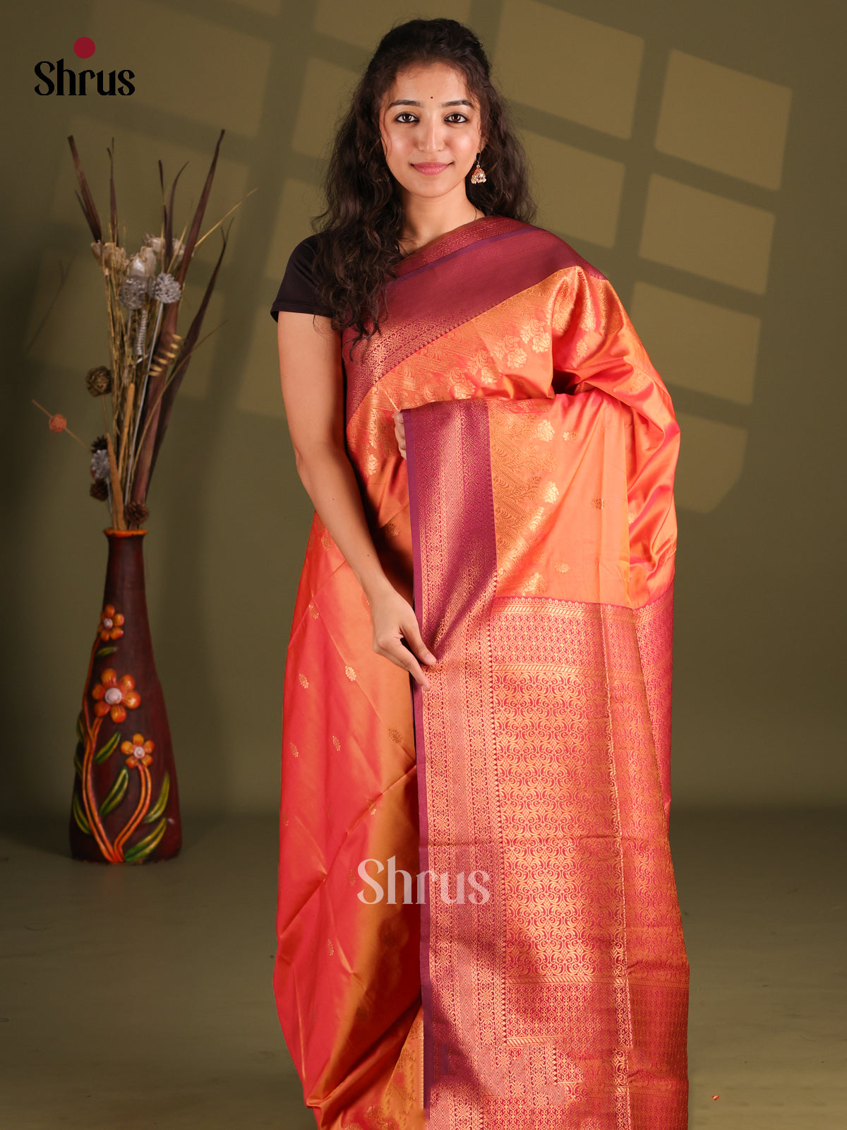 Orange & Maroon- Semi Softsilk Saree - Shop on Shrus.com