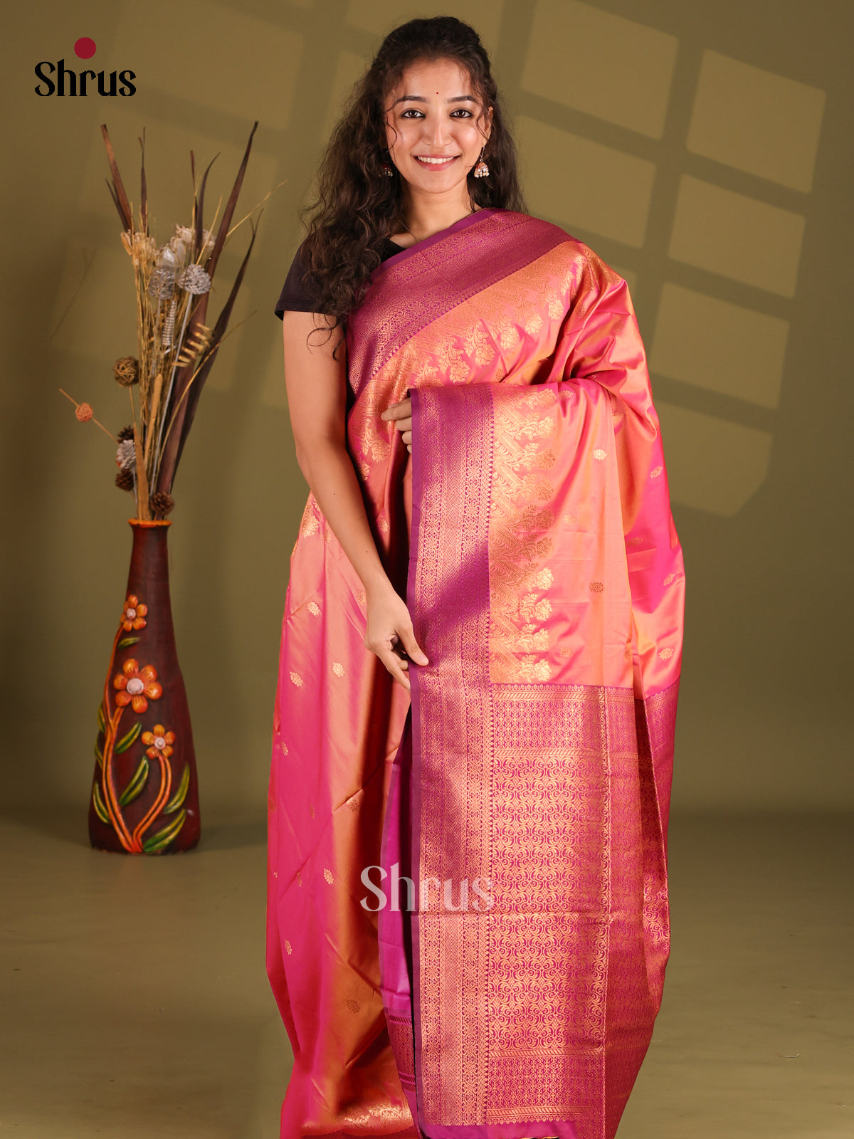 Orangish Pink & Purple - Semi Softsilk Saree - Shop on Shrus.com