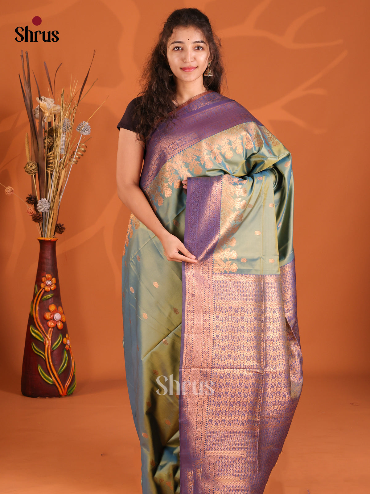 Green & Blue - Semi Softsilk saree - Shop on Shrus.com