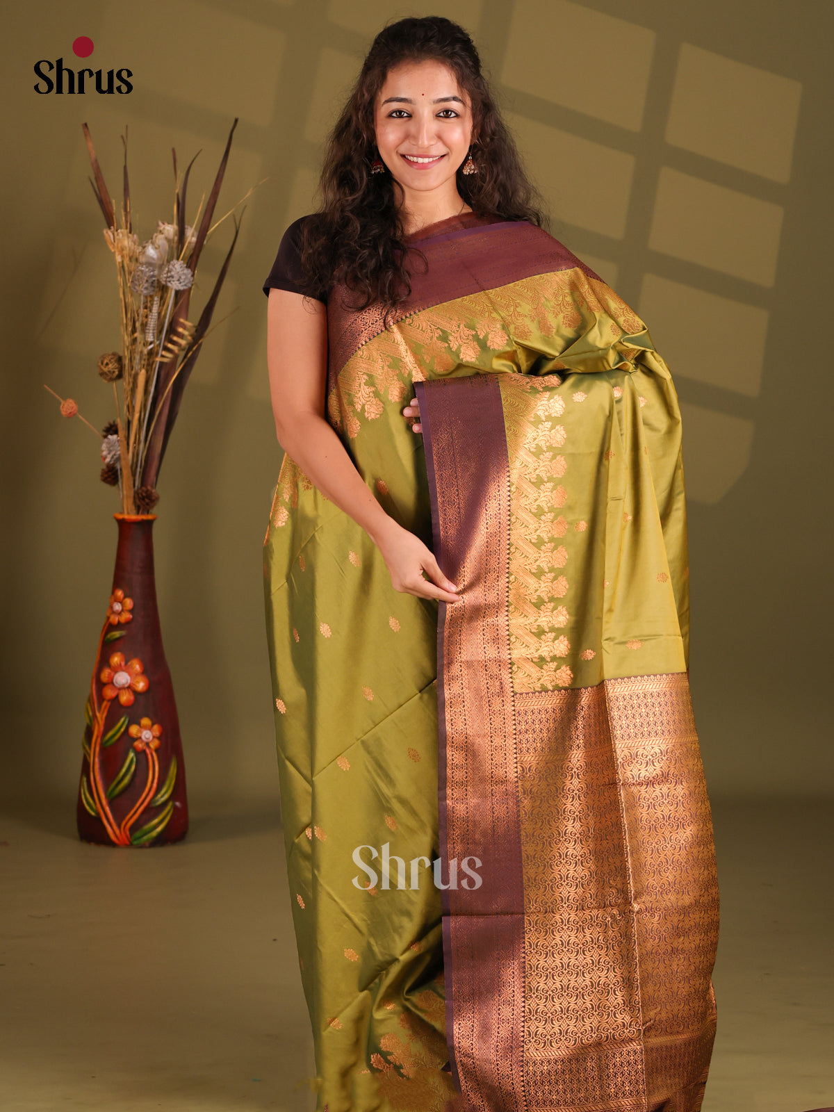 Light Green & Brown - Semi Softsilk Saree - Shop on Shrus.com