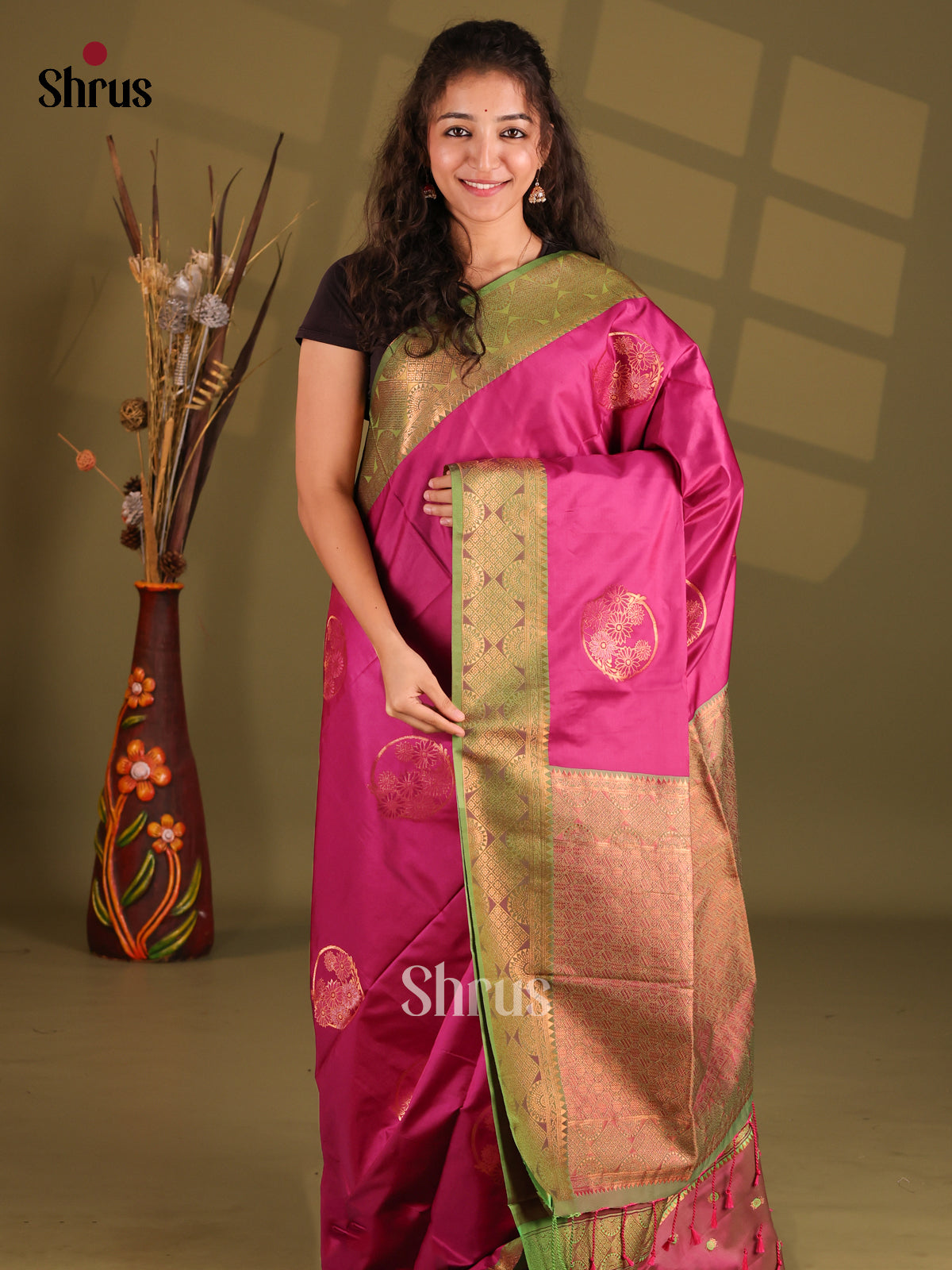 Pink & Green - Semi Softsilk Saree - Shop on Shrus.com