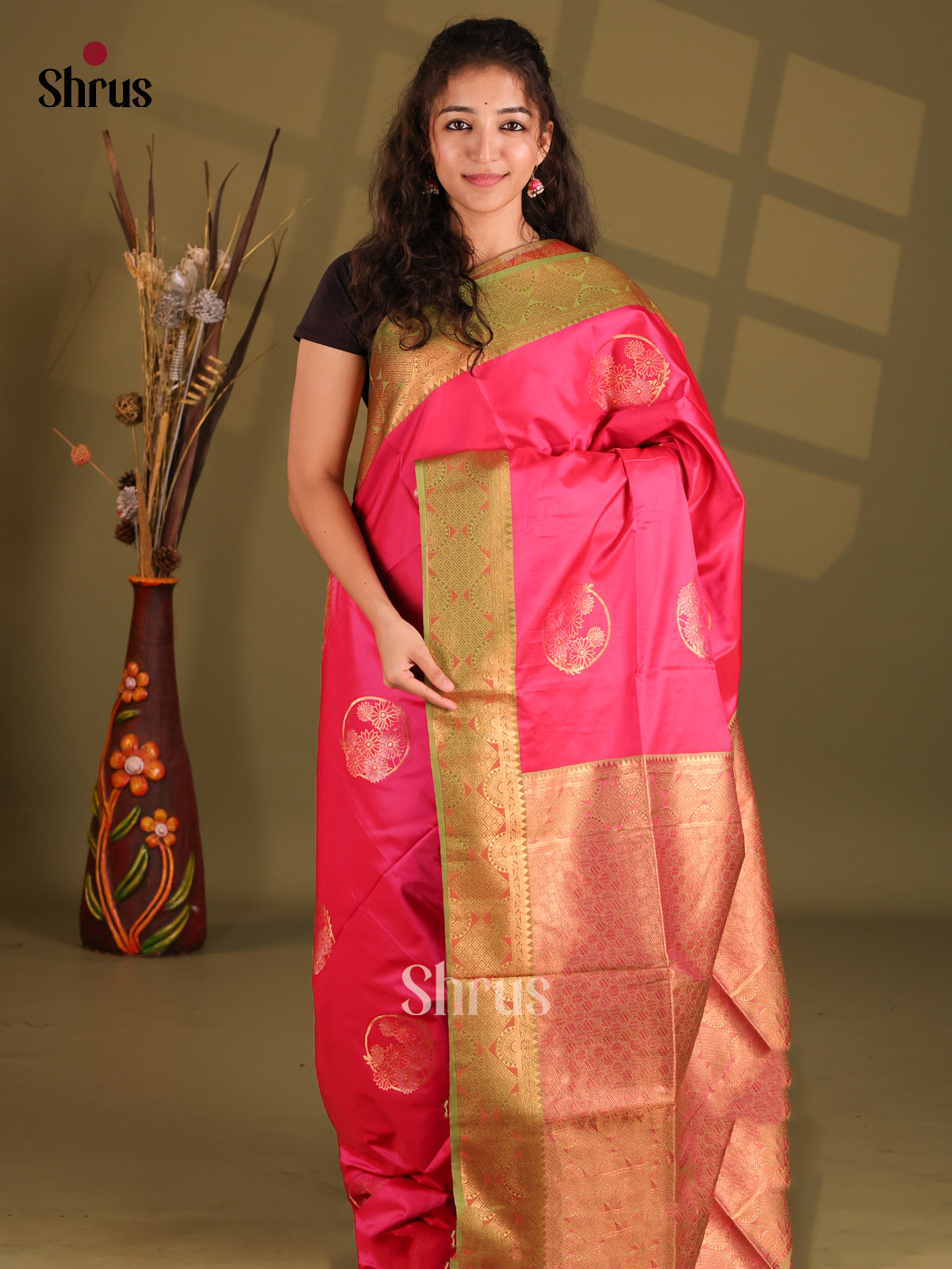 Pink & Green- Semi Softsilk Saree - Shop on Shrus.com