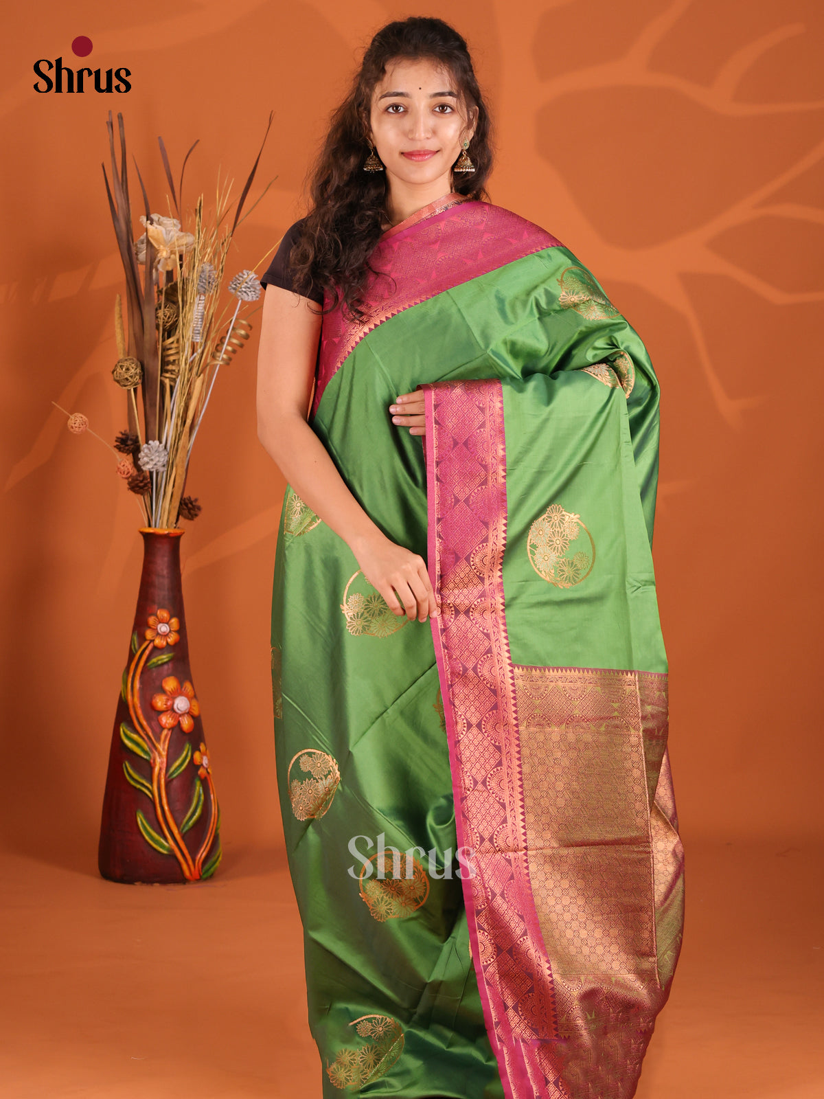 Green & Maroon- Semi Softsilk Saree - Shop on Shrus.com