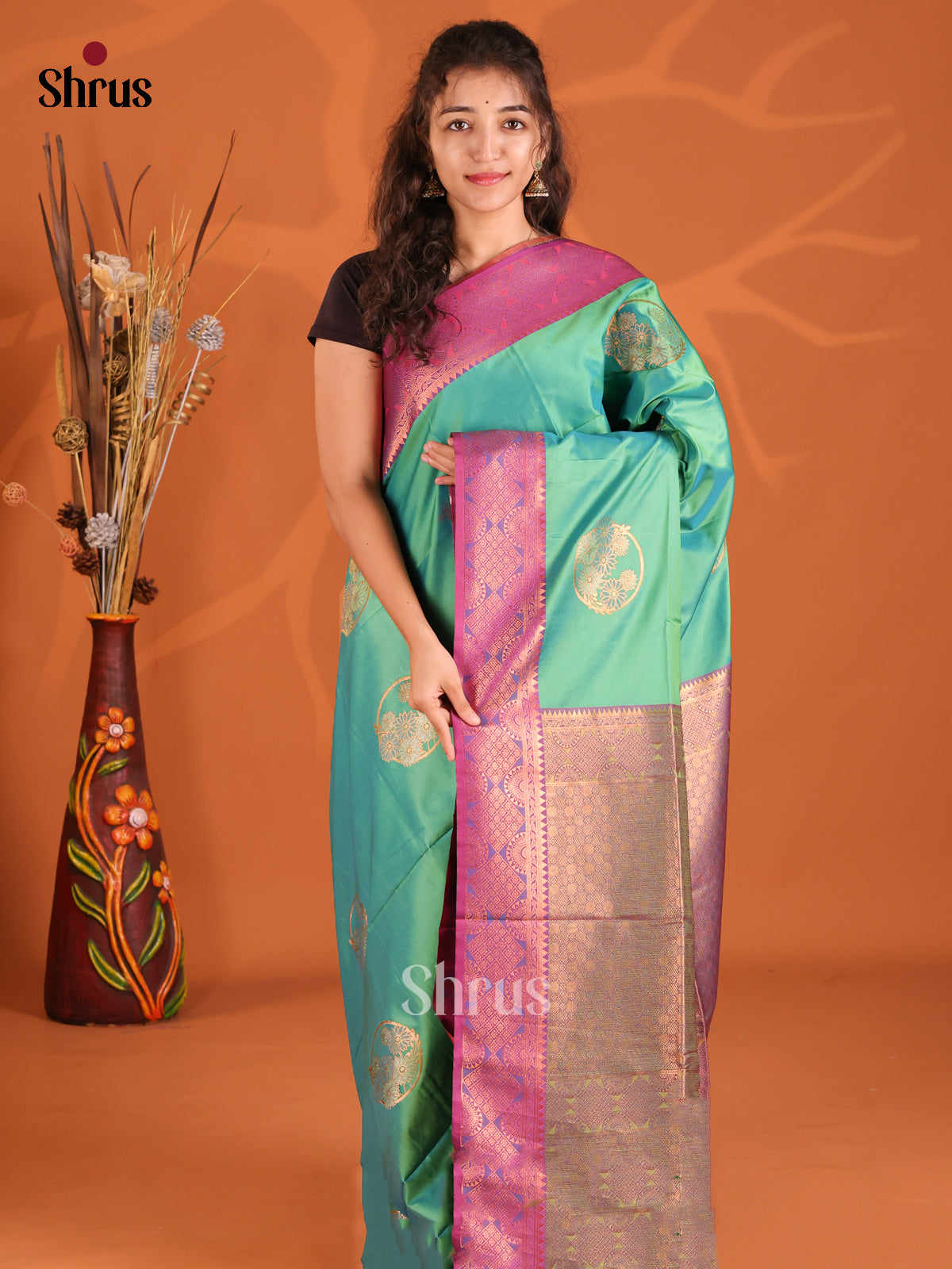 Green & Purple - Semi Softsilk Saree - Shop on Shrus.com