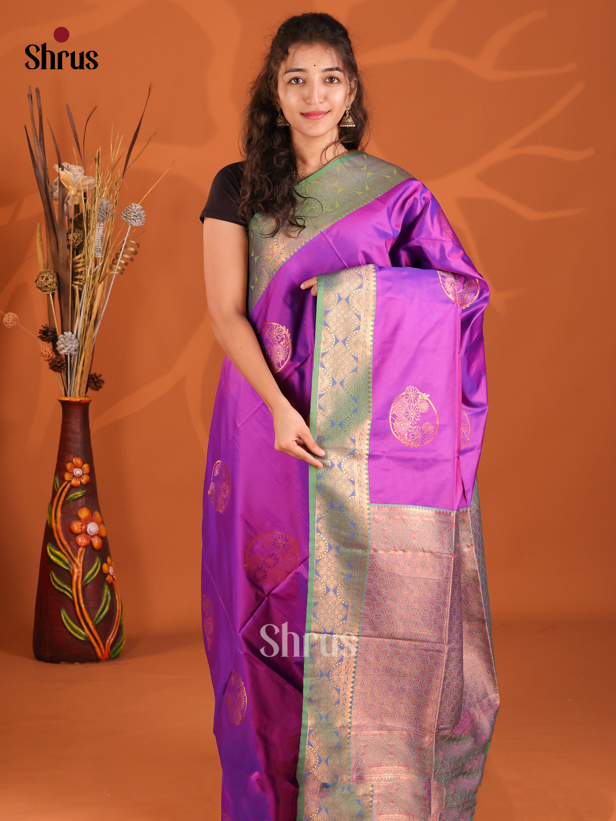 Purple & Green- Semi Softsilk Saree - Shop on Shrus.com