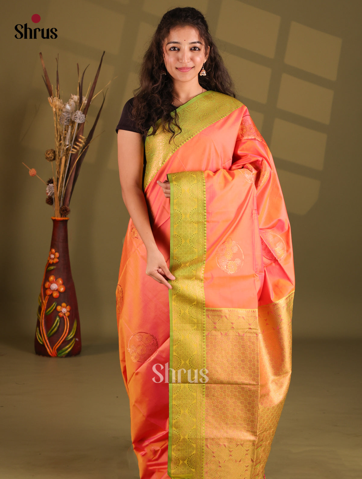 Orange & Green - Semi Softsilk Saree - Shop on Shrus.com