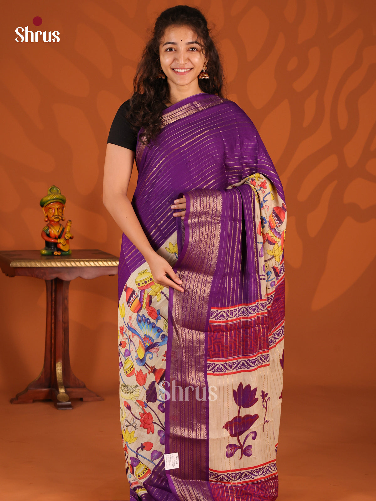 Violet & Cream- Semi Mysoresilk Saree - Shop on Shrus.com