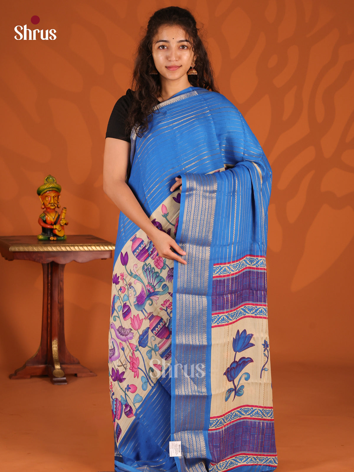 Blue & Cream - Semi Mysoresilk Saree - Shop on Shrus.com
