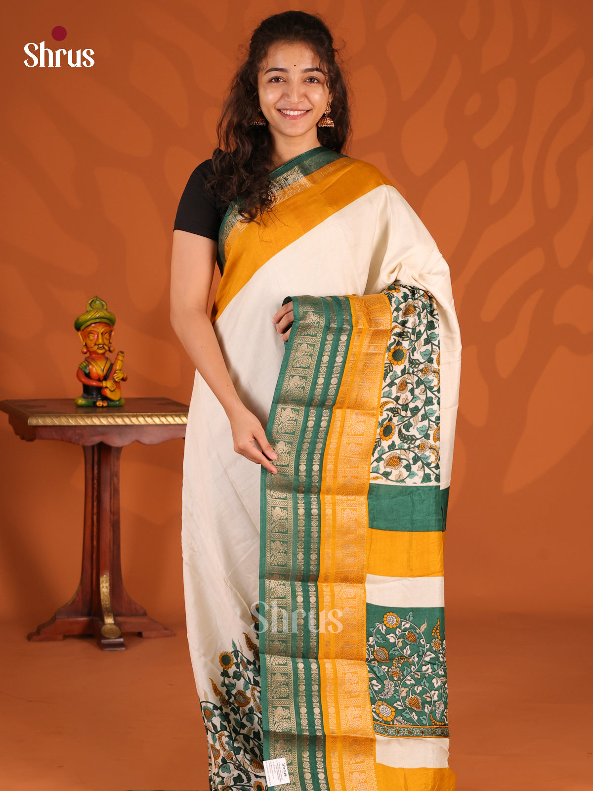 Cream & Green - Semi Mysoresilk Saree - Shop on Shrus.com