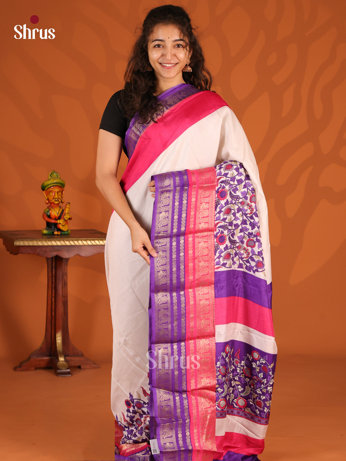 Cream & Violet - Semi Mysoresilk Saree - Shop on Shrus.com