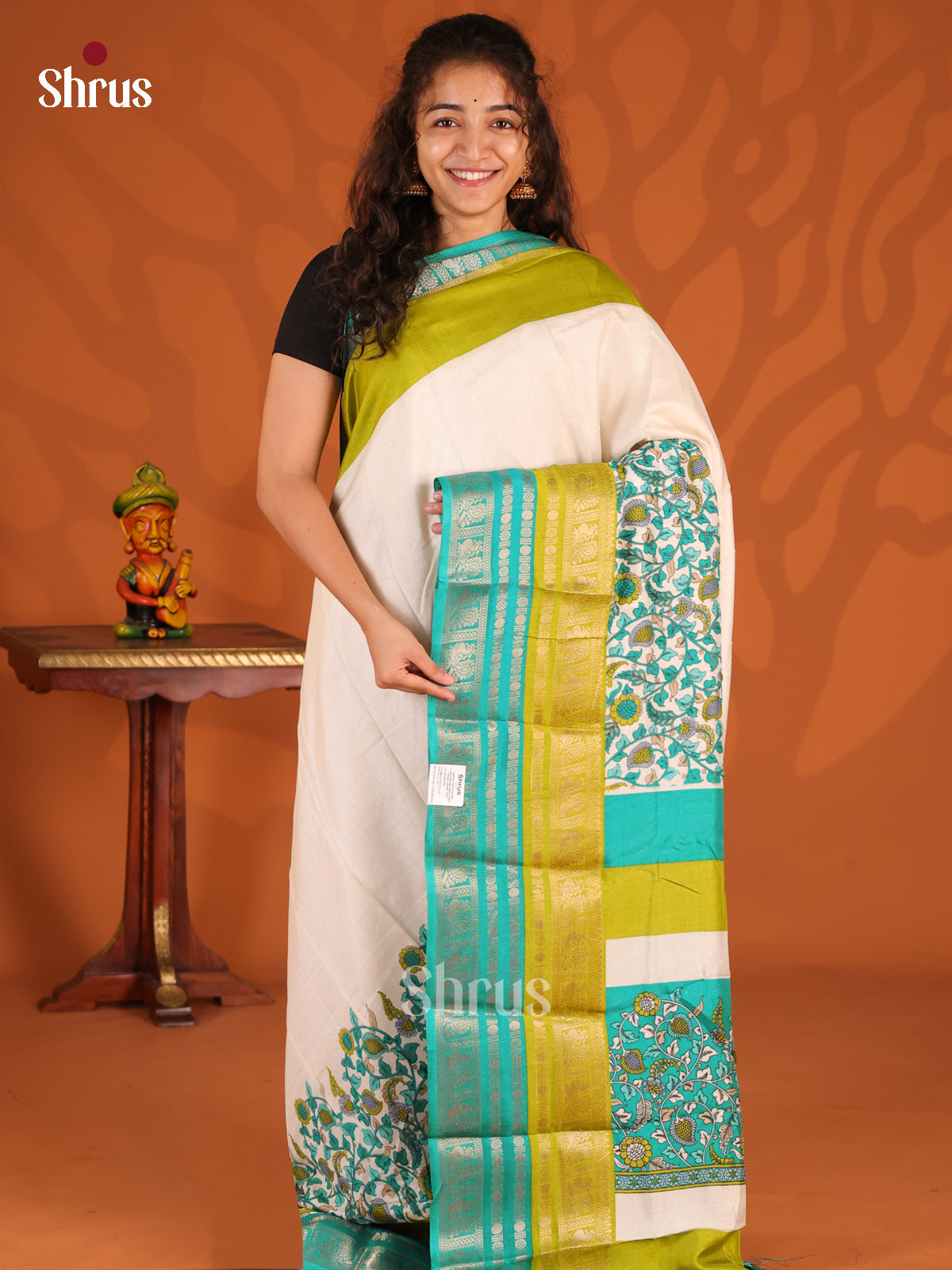 Cream & Teal - Semi Mysoresilk Saree - Shop on Shrus.com