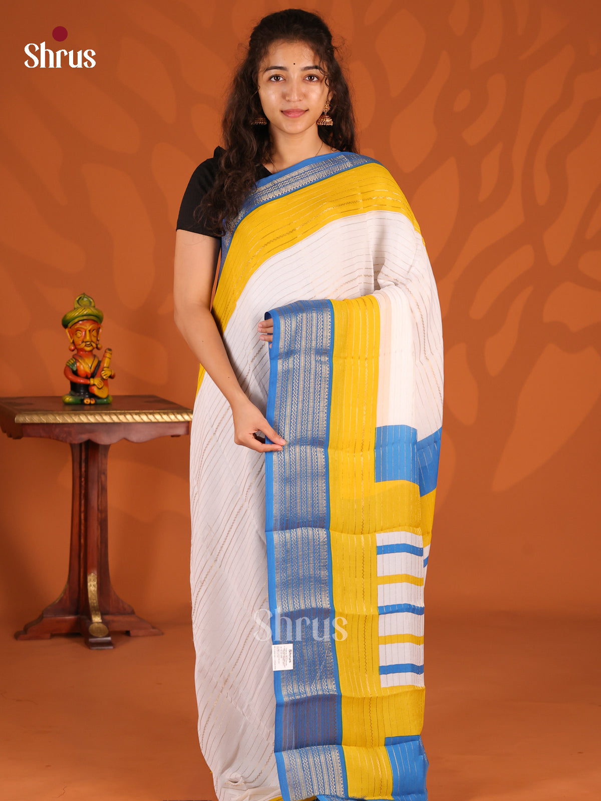 Cream & Blue - Semi Mysoresilk Saree - Shop on Shrus.com