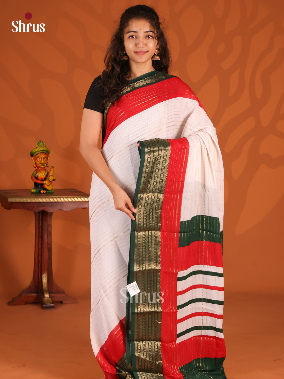 Cream & Green - Semi Mysoresilk Saree - Shop on Shrus.com