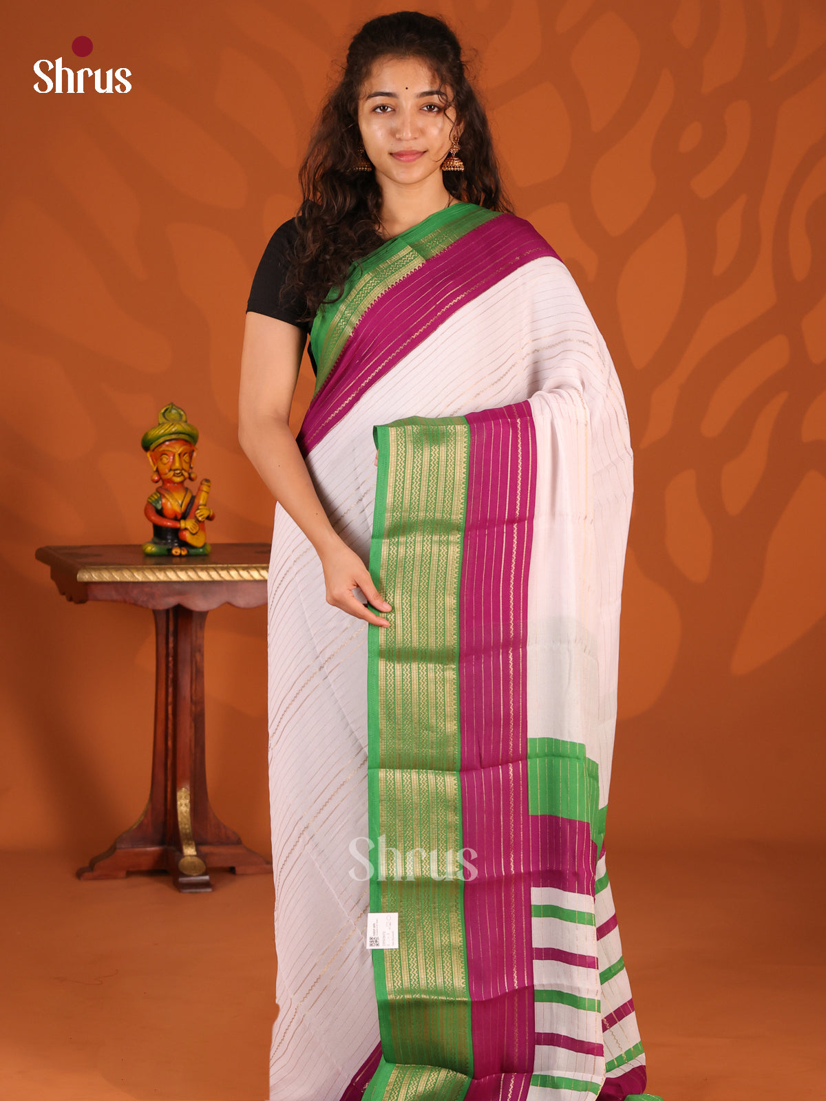 Cream & Green - Semi Mysoresilk Saree - Shop on Shrus.com