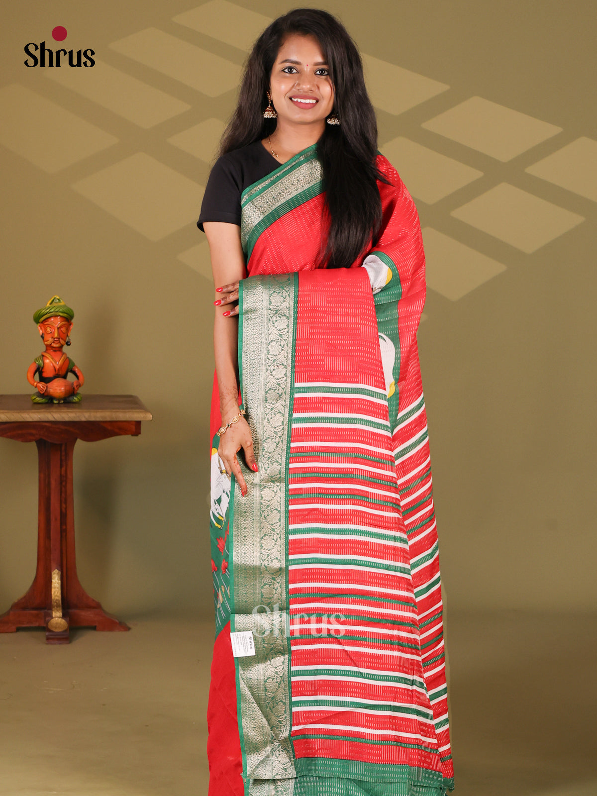 Red & Green - Semi Mysore silk saree - Shop on Shrus.com
