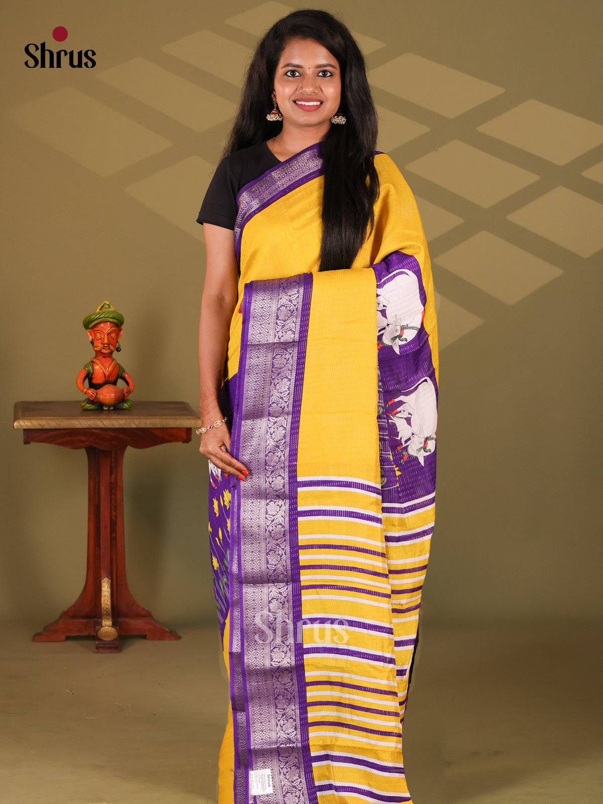 Yellow & Violet- Semi Mysore silk saree - Shop on Shrus.com