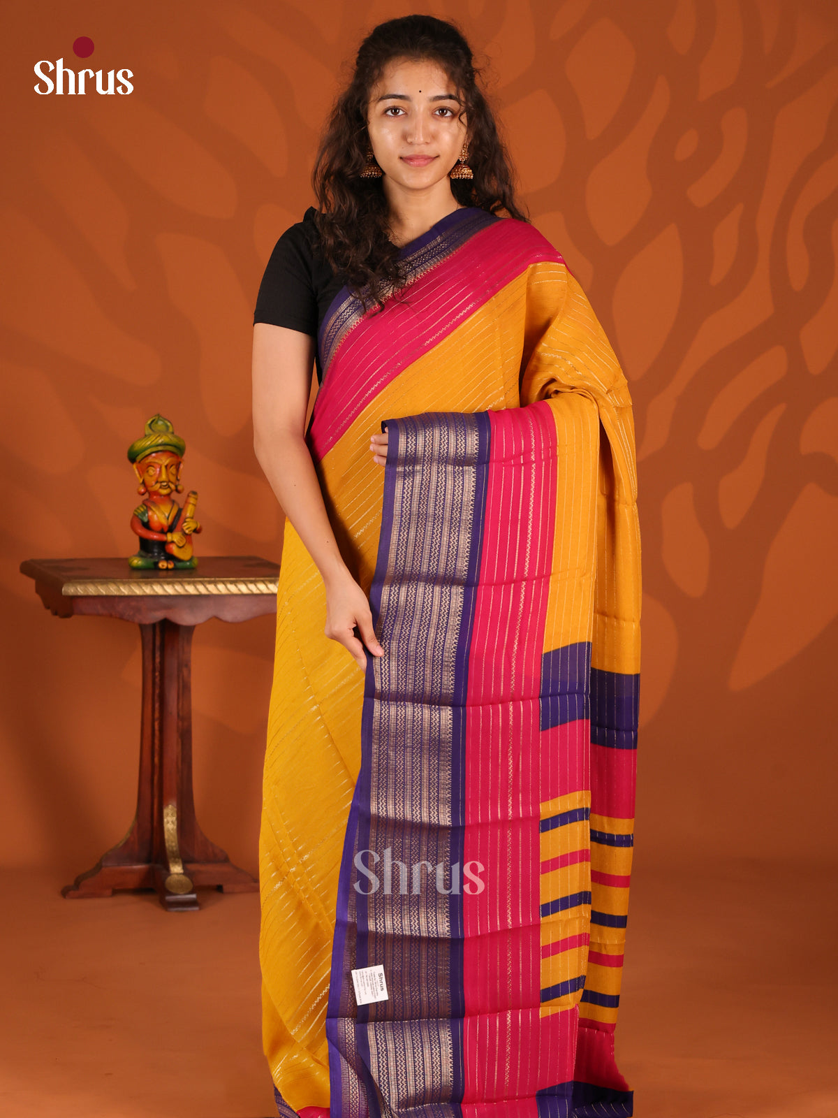 Mustard with Violet- Semi Mysoresilk Saree - Shop on Shrus.com
