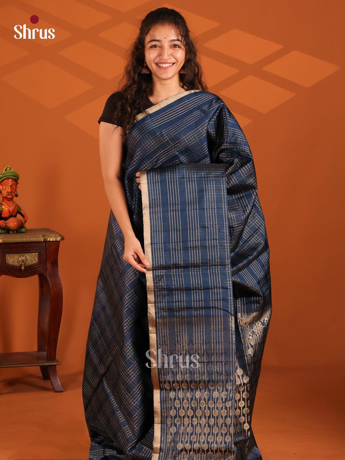Beautiful Blue Monochrome Soft Silk Saree with gold zari stripes & self brocade pallu-1