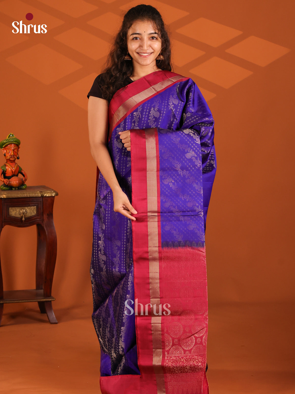 Stunning Blue Soft Silk Saree with zari floral vines , stripes & maroon zari brocade pallu-1