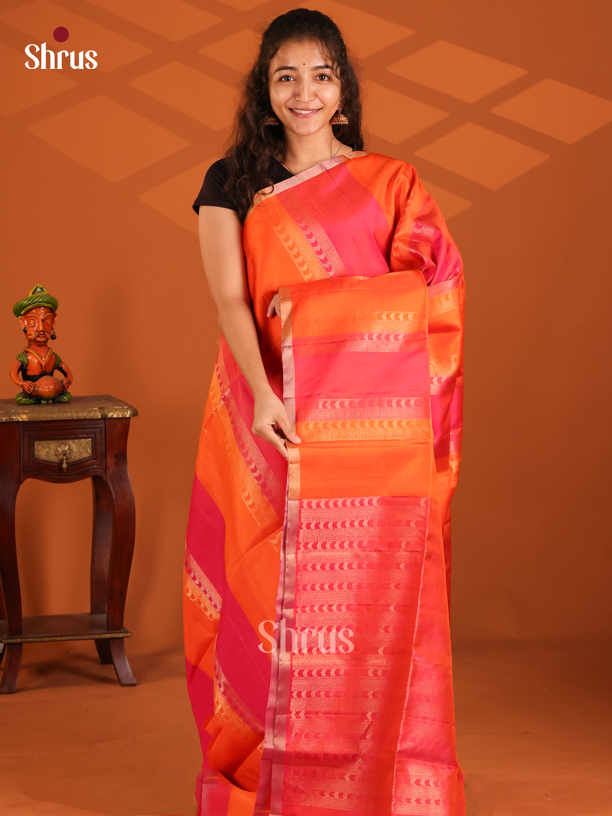 Radiant Orange & Red Soft Silk Saree with gold zari strapes, self brocade pallu - Shop on Shrus.com