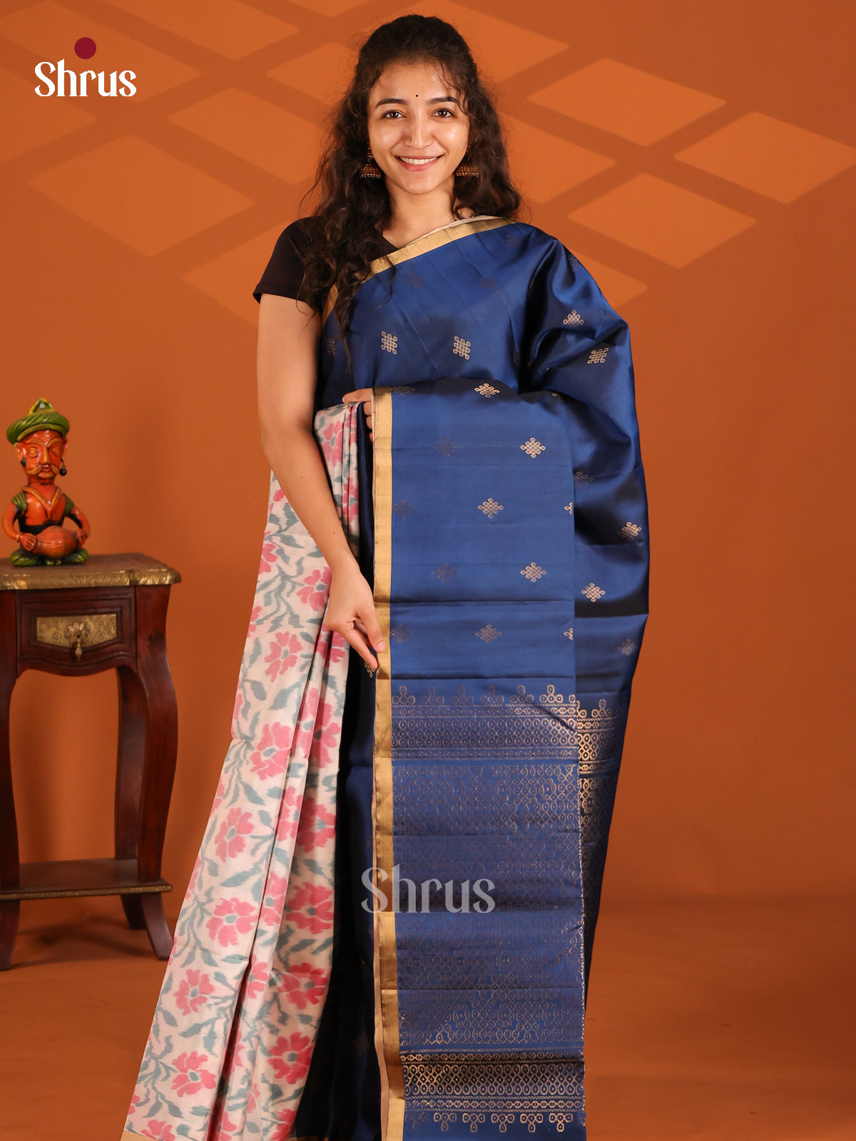 Blue & Cream Soft Silk Saree with zari kolam butta & partly ikkat floral pattern - Shop on Shrus.com