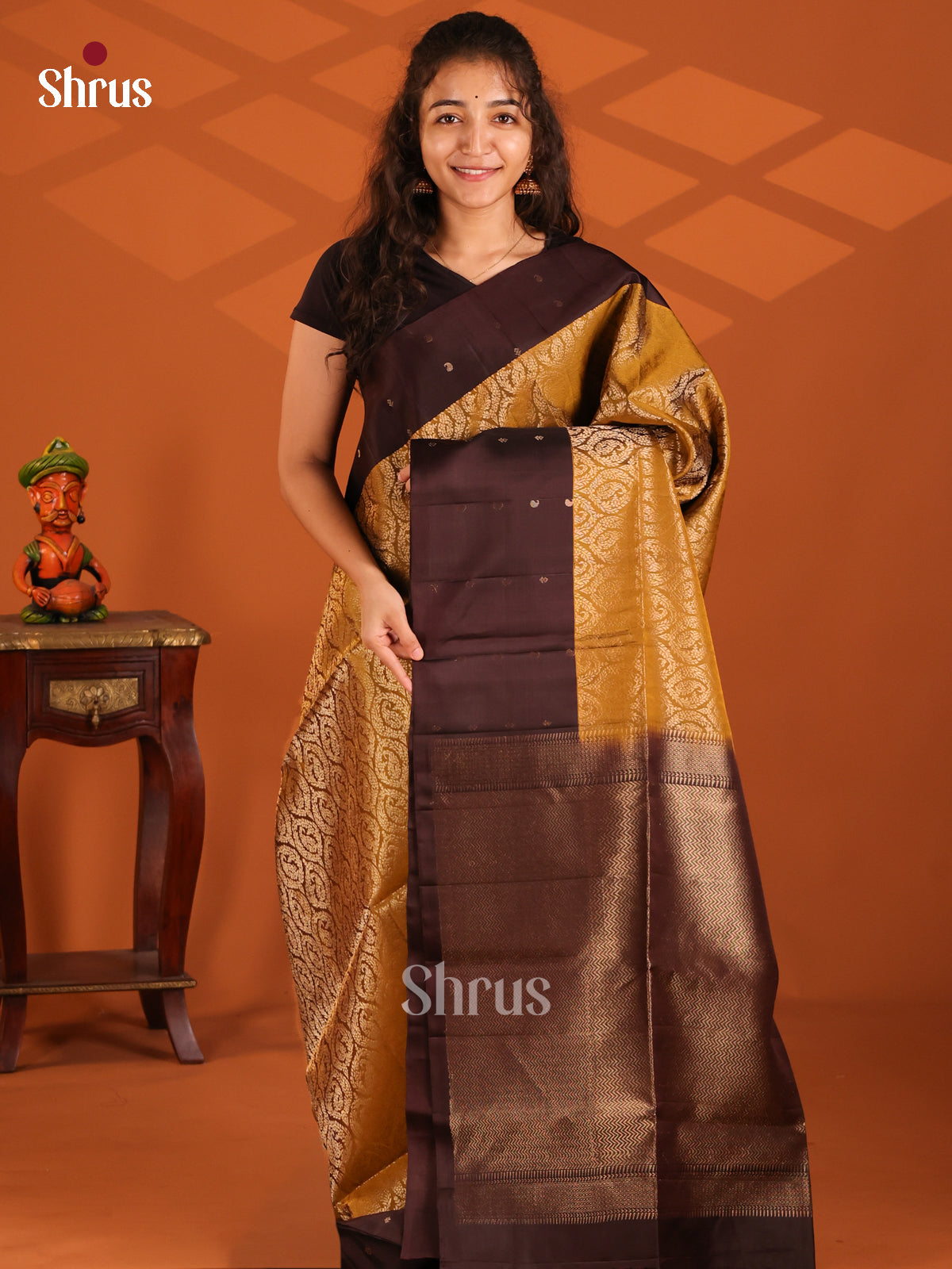 Bold Dark Mustard Soft Silk Saree with zari paisley in floral brocade & brown butta pallu-1