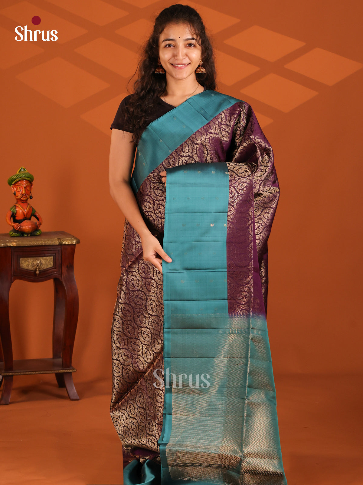 Shimmery Violet Soft Silk Saree with gold zari paisleys in floral brocade & teal pallu-1