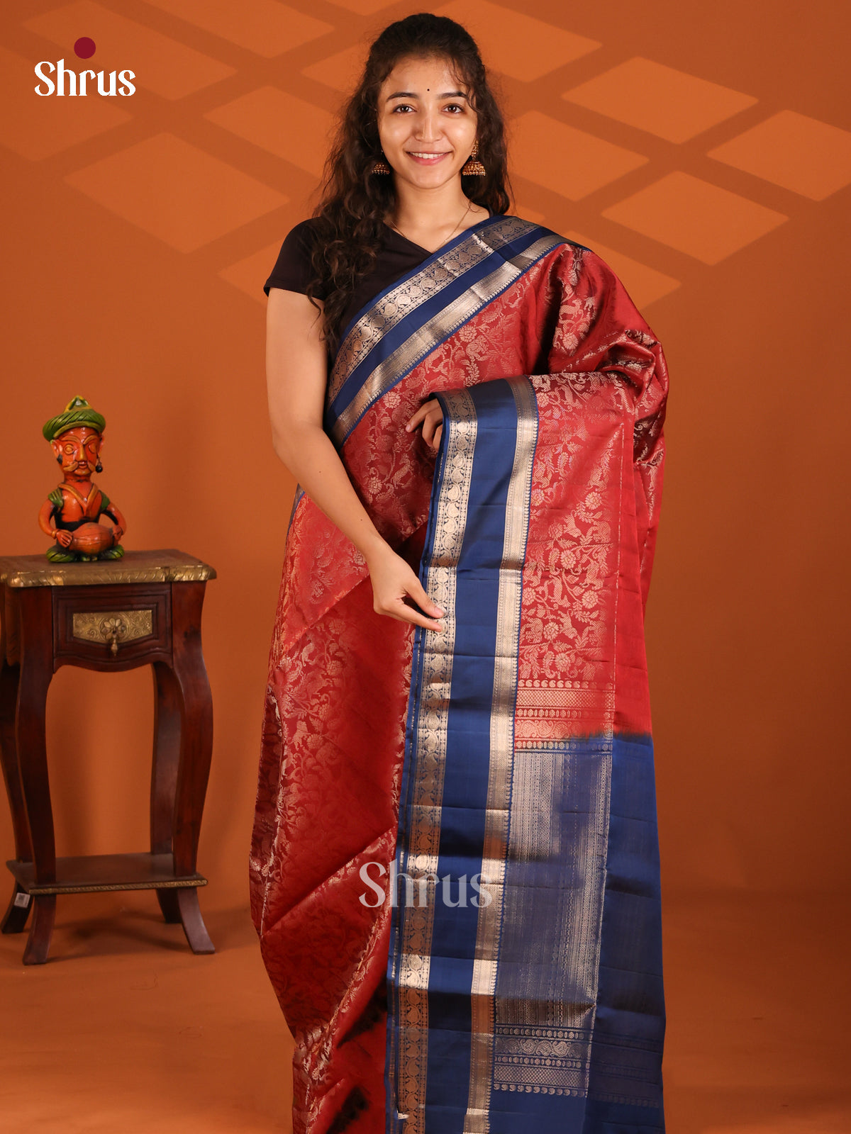 Bright Red Soft Silk Saree with vanashringaram floral nestling brocade , blue Rettaipet border - Shop on Shrus.com