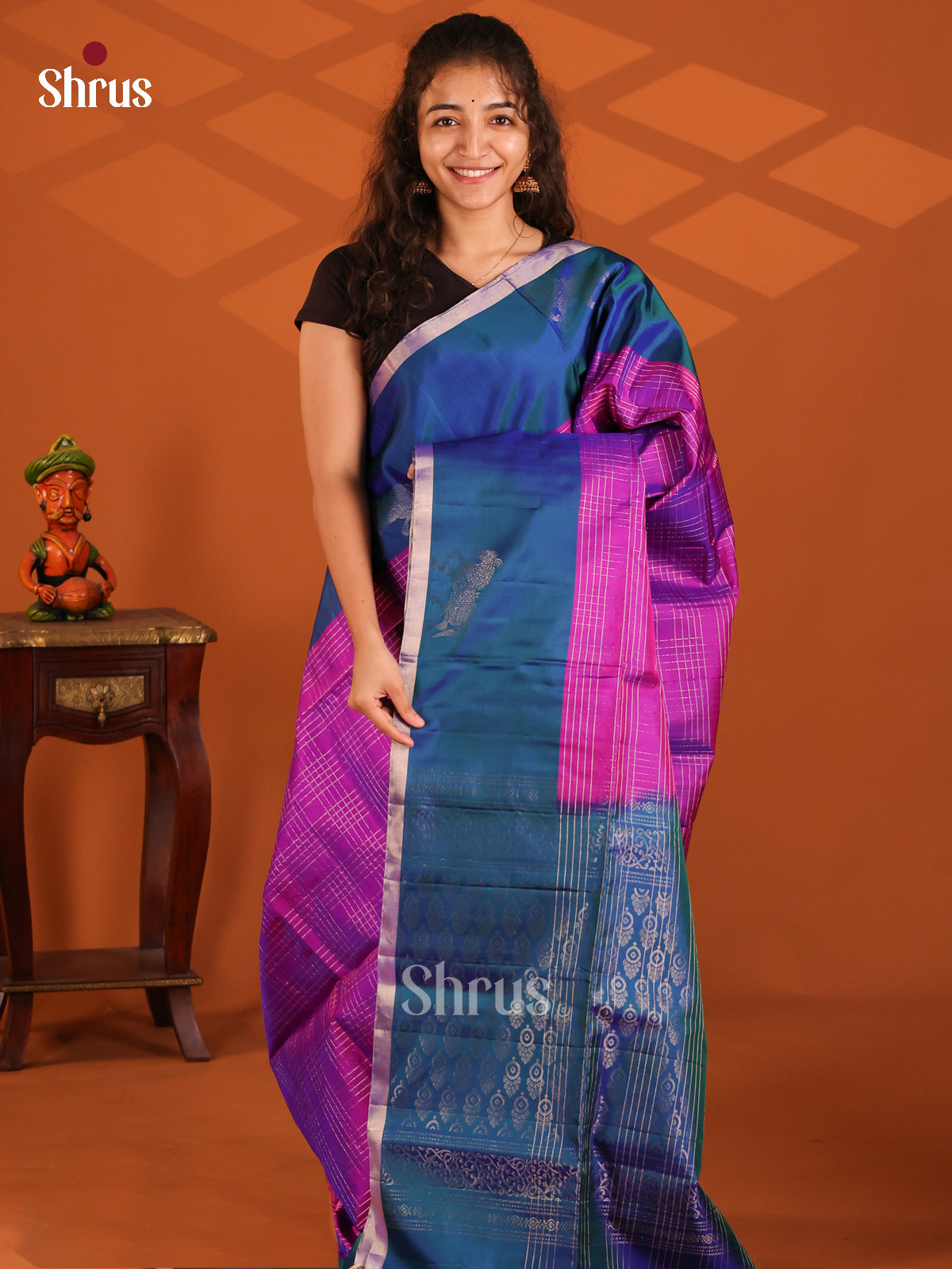 Regal Majenta Soft Silk Saree zari stripes & contrast blue floral brocade pallu-1