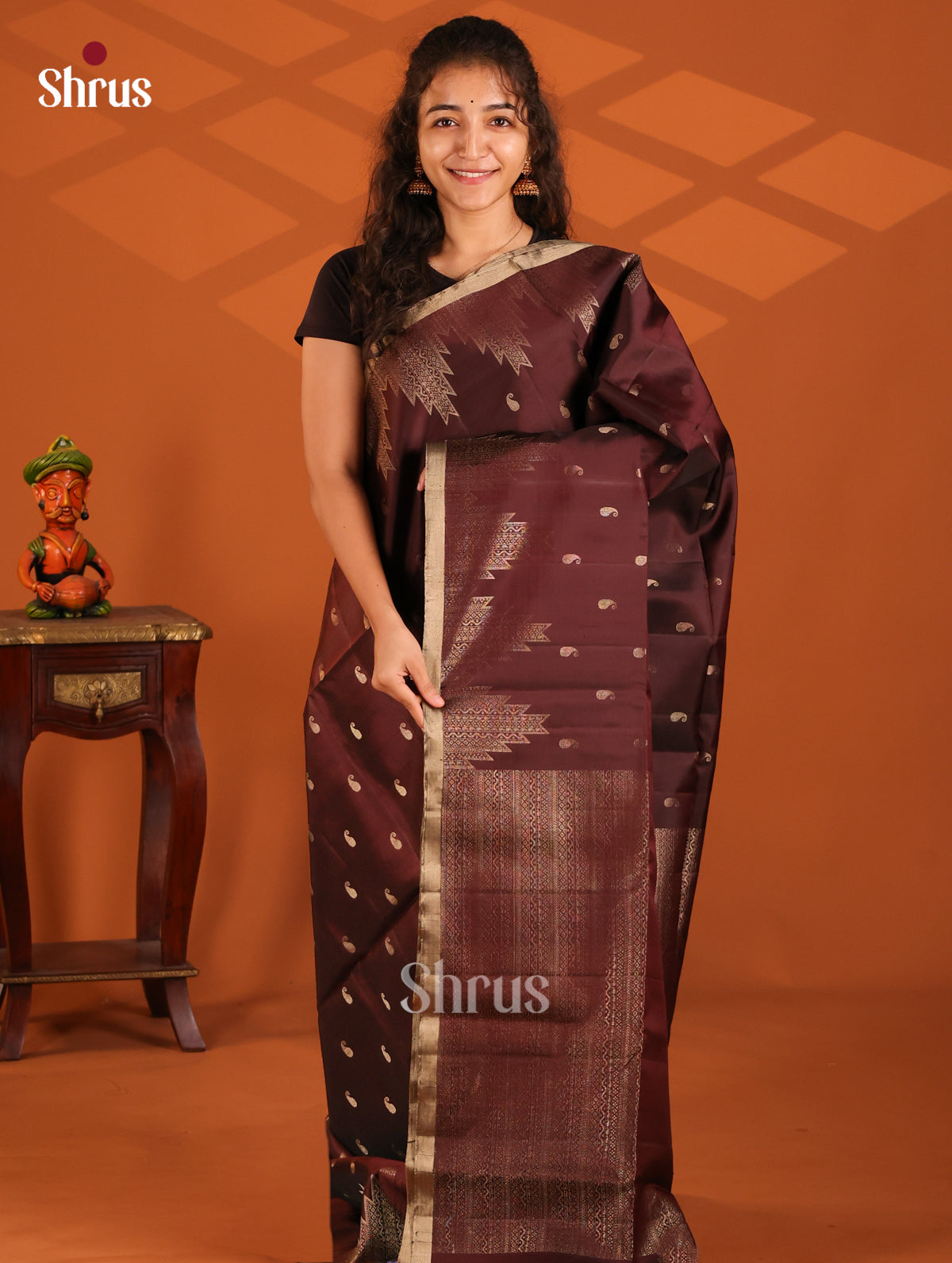 Classy Brown monochrome Soft Silk Saree with zari manga buttas , self temple border - Shop on Shrus.com