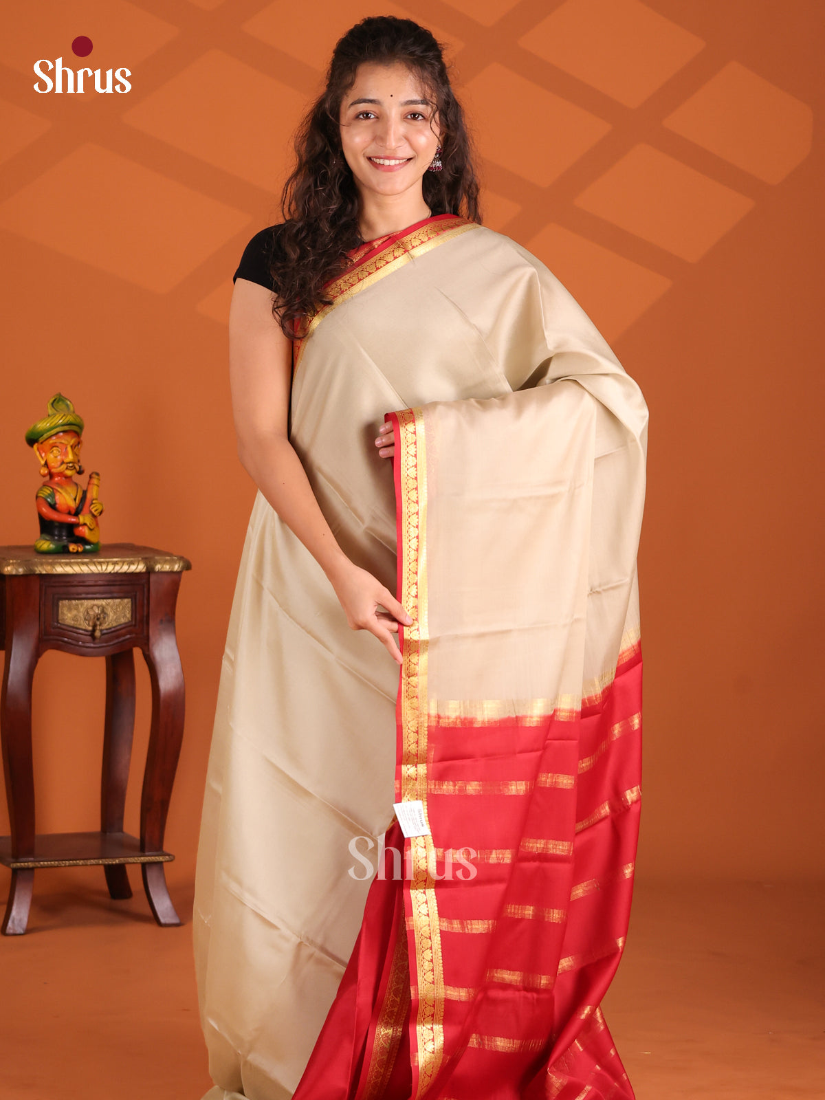 Cream & Red - Mysore Silk Saree - Shop on Shrus.com