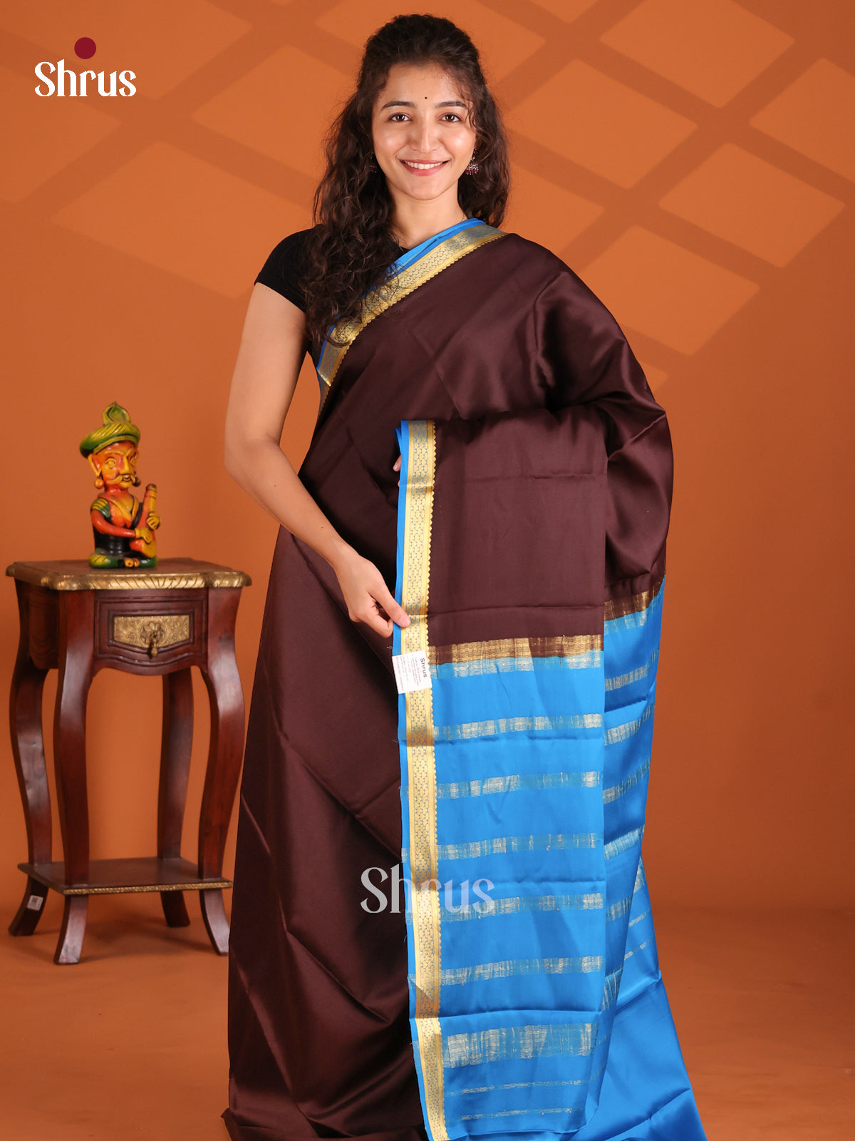 Brown & Blue - Mysore Silk Saree - Shop on Shrus.com