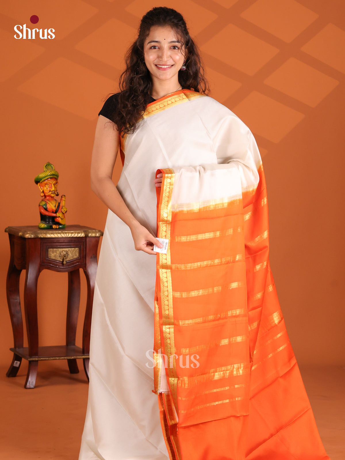Cream & Orange - Mysore Silk Saree - Shop on Shrus.com