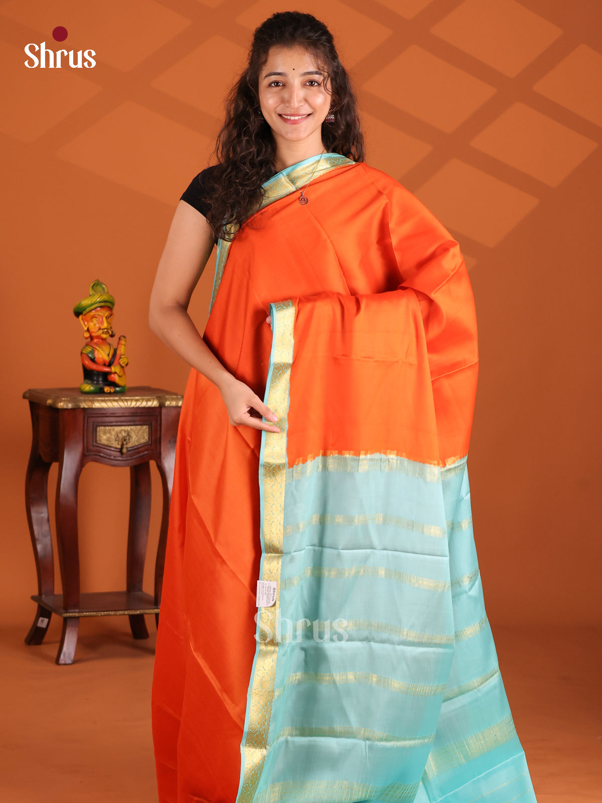 Orange & Light Blue - Mysore Silk Saree - Shop on Shrus.com