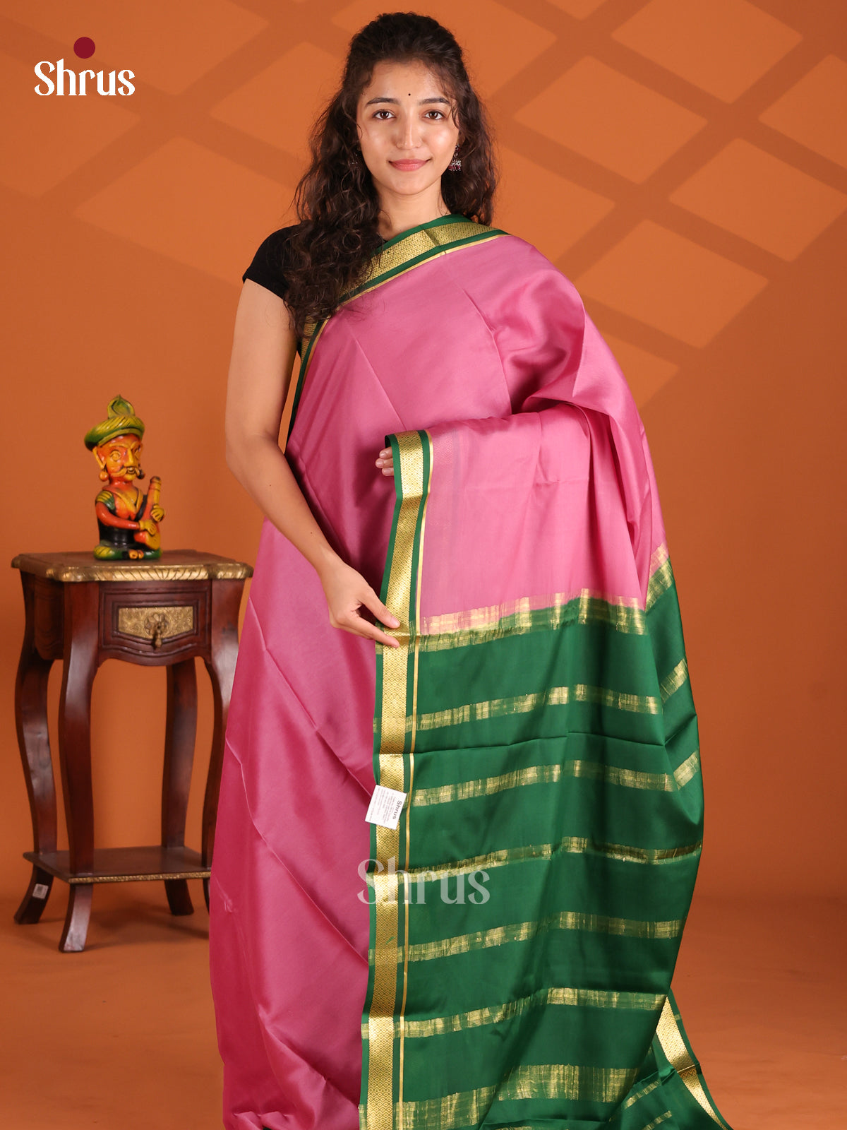 Lotus Pink & Green - Mysore Silk Saree - Shop on Shrus.com