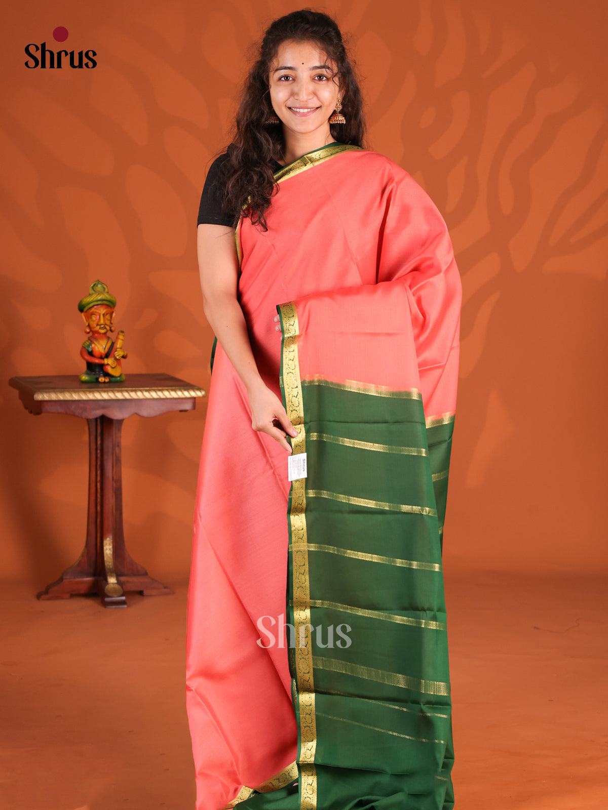 Peachish Pink & Green - Mysore Silk Saree - Shop on Shrus.com