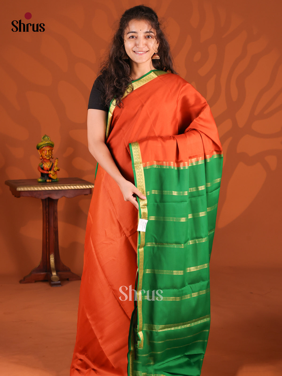 Orange & Green - Mysore Silk Saree - Shop on Shrus.com