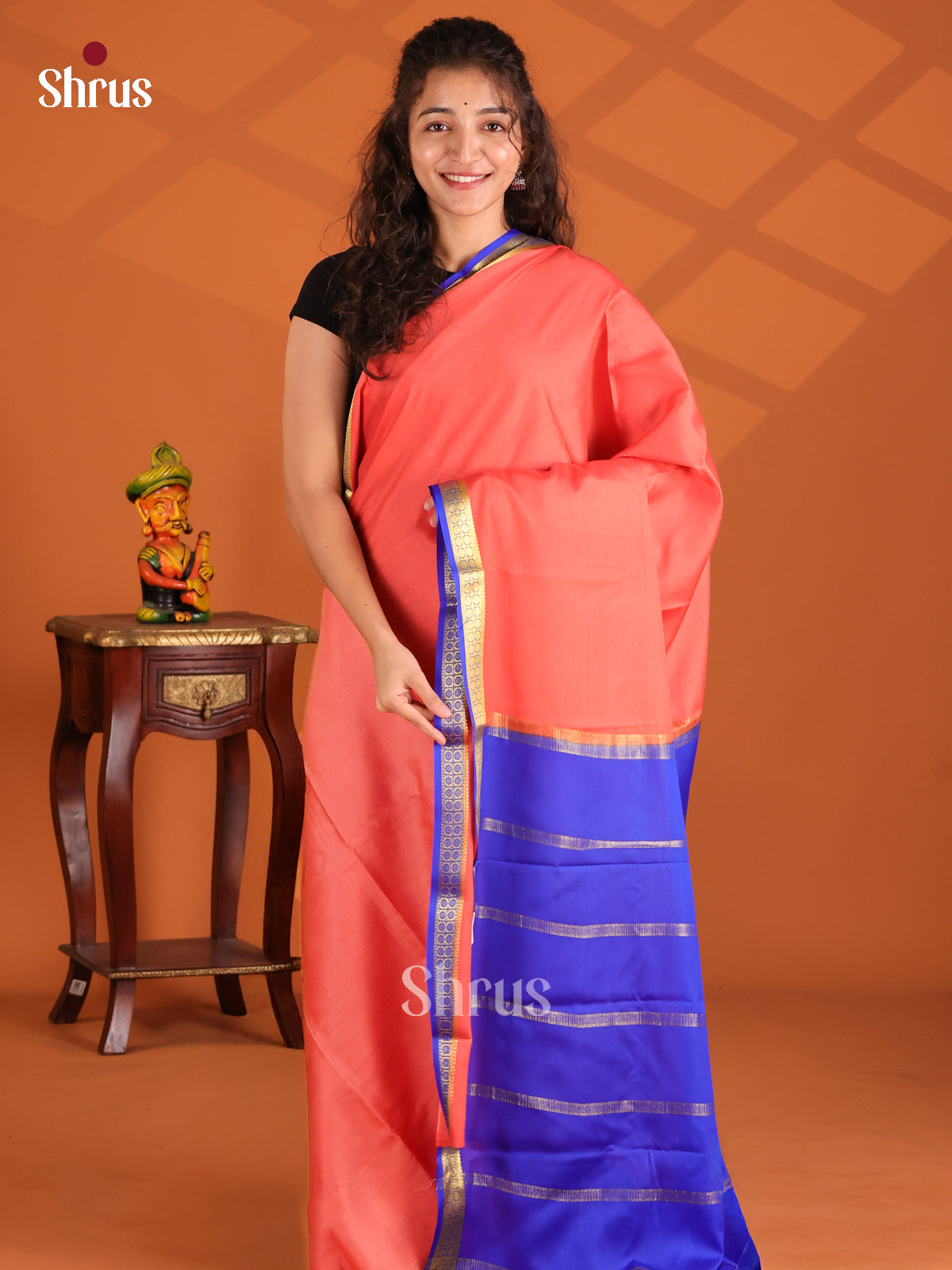 Peach & Blue - Mysore Silk Saree