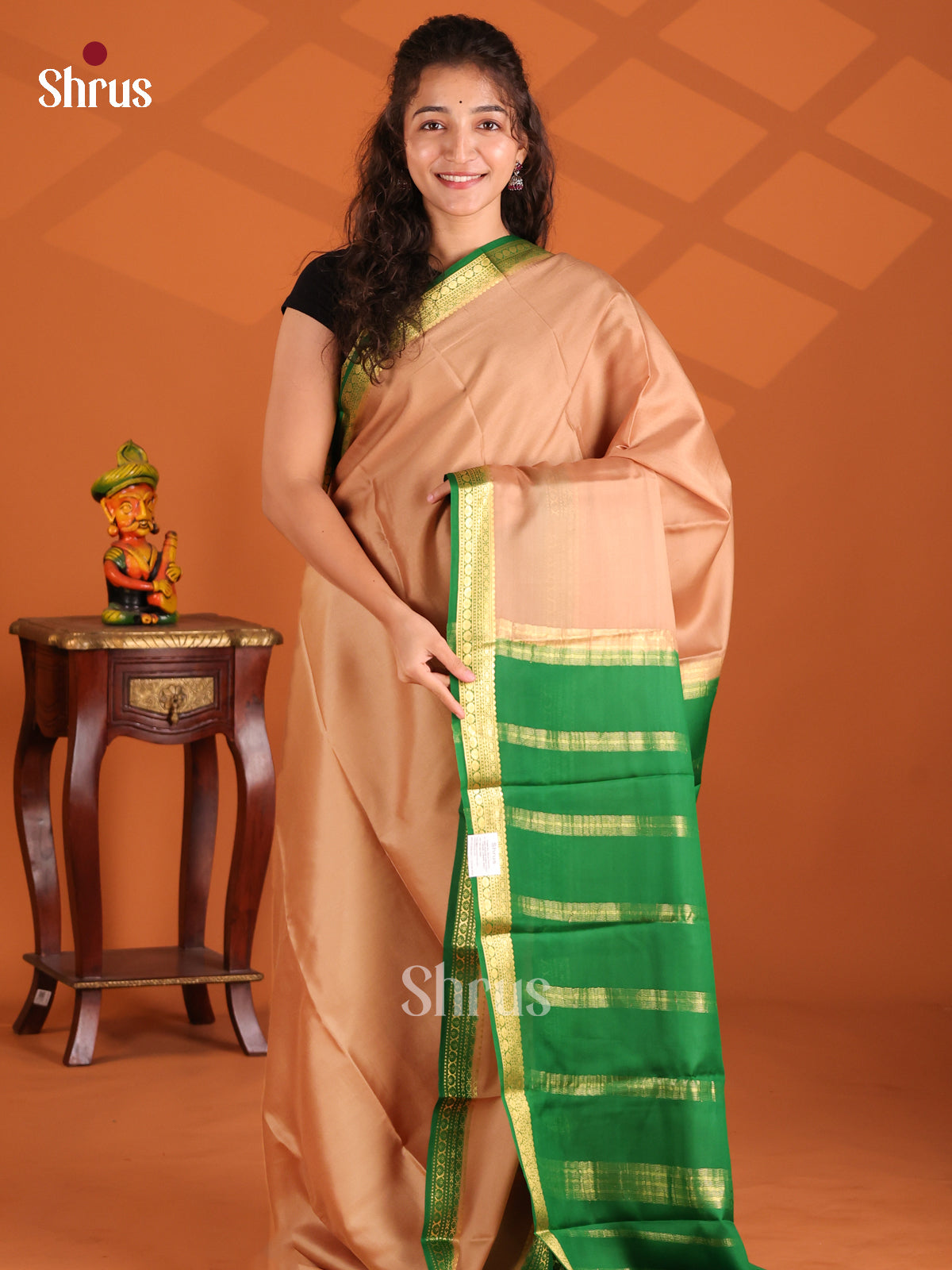 Dusty Brown & Green - Mysore Silk Saree - Shop on Shrus.com