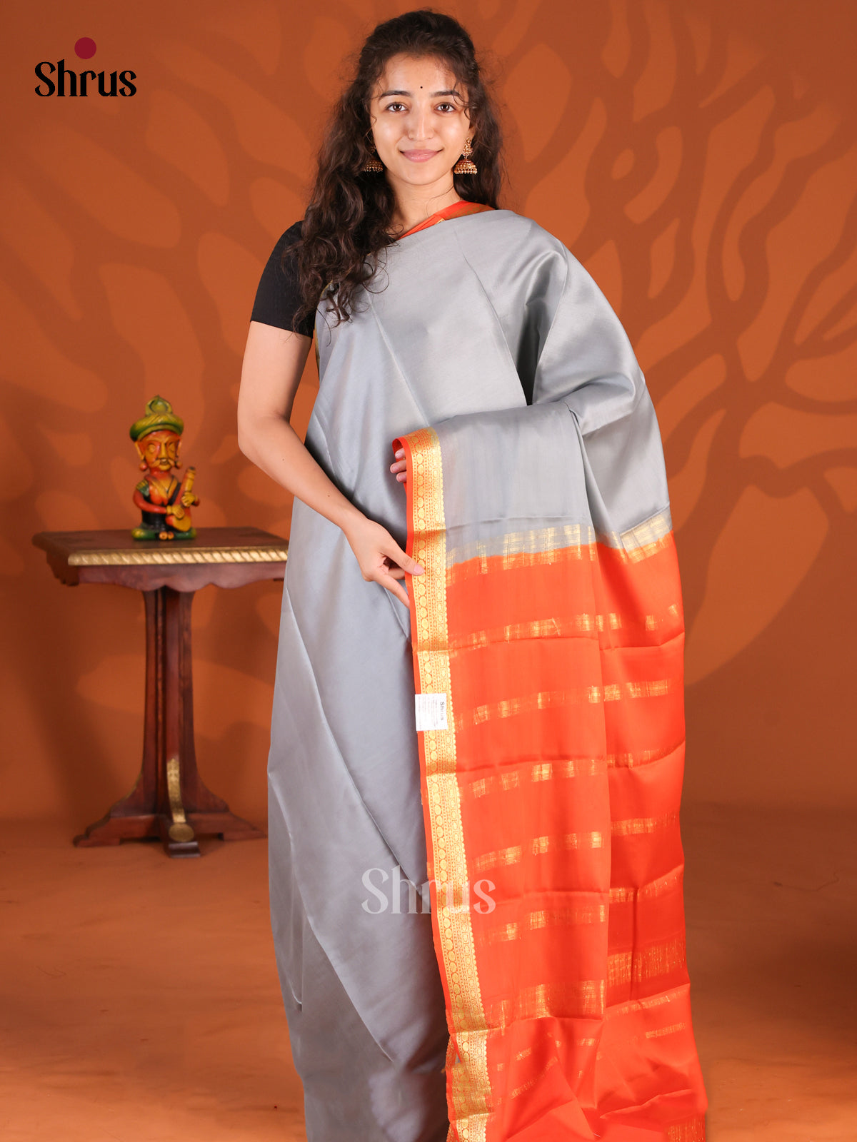 Grey & Orange- Mysore Silk Saree