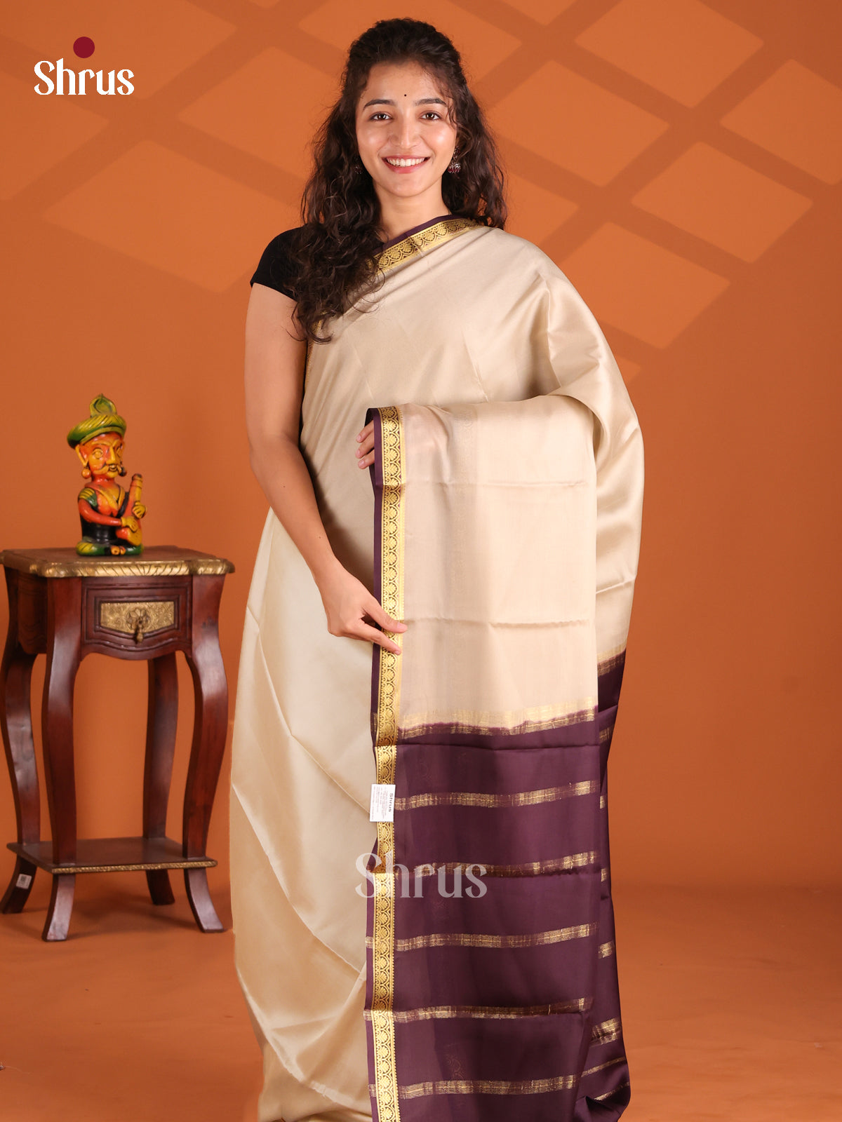 Cream & Purple - Mysore Silk Saree - Shop on Shrus.com