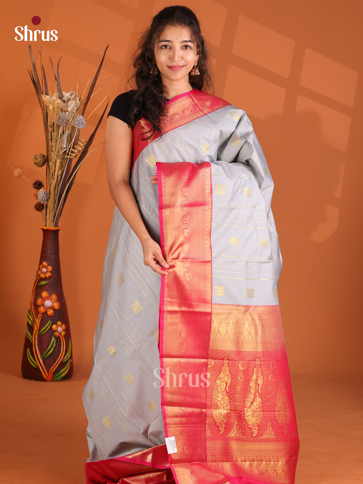 Grey & Maroon - Korvai Semi Kanchipuram Saree - Shop on Shrus.com