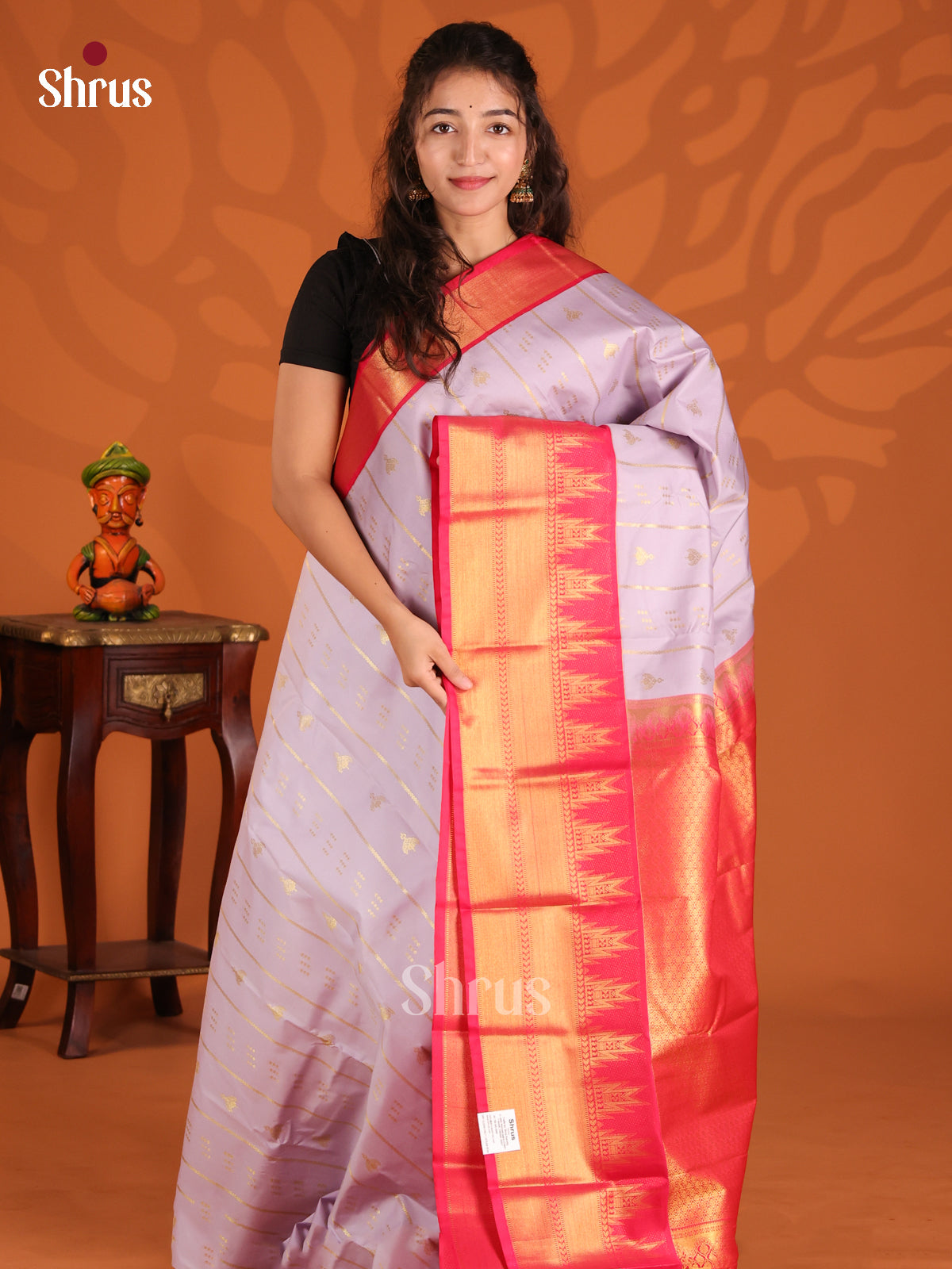 Lavender & Orangish Pink - Semi Kanchipuram Saree - Shop on Shrus.com