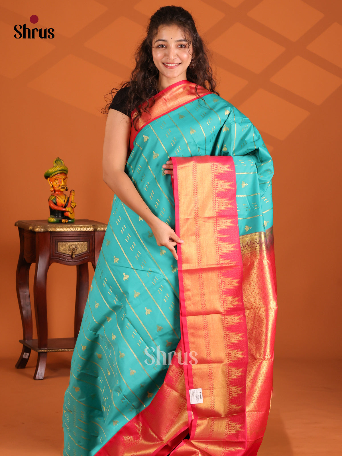Teal & Orangish Pink - Korvai Semi Kanchipuram Saree - Shop on Shrus.com