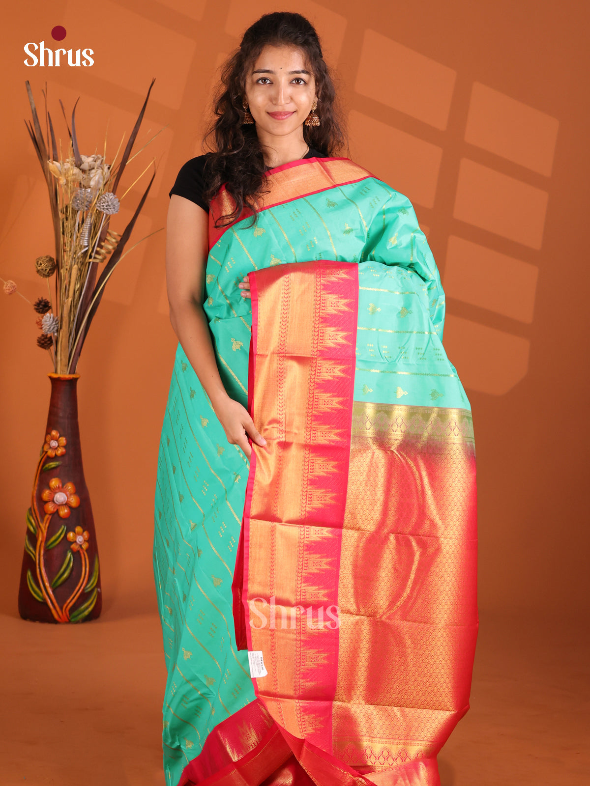 Teal & Orangish Pink - Korvai Semi Kanchipuram Saree - Shop on Shrus.com