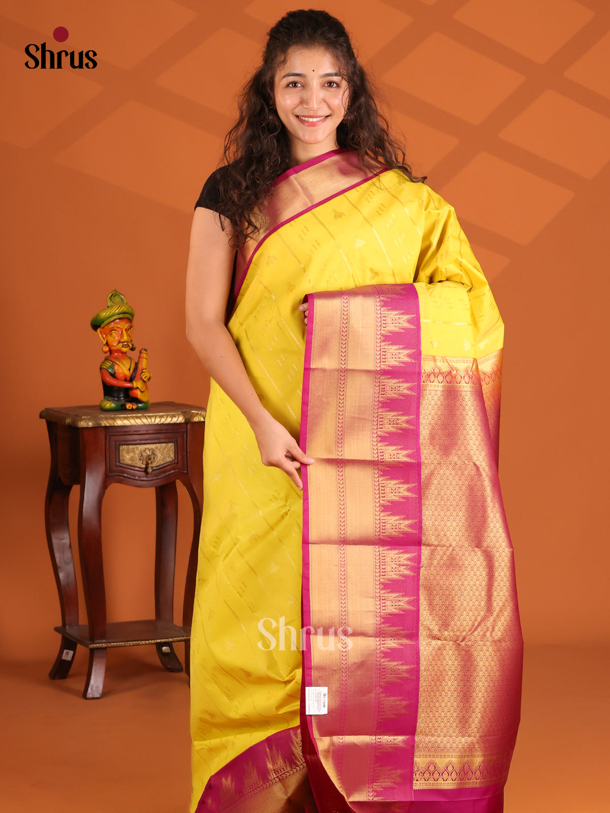 Yellow & Maroon - Korvai Semi Kanchipuram Saree - Shop on Shrus.com