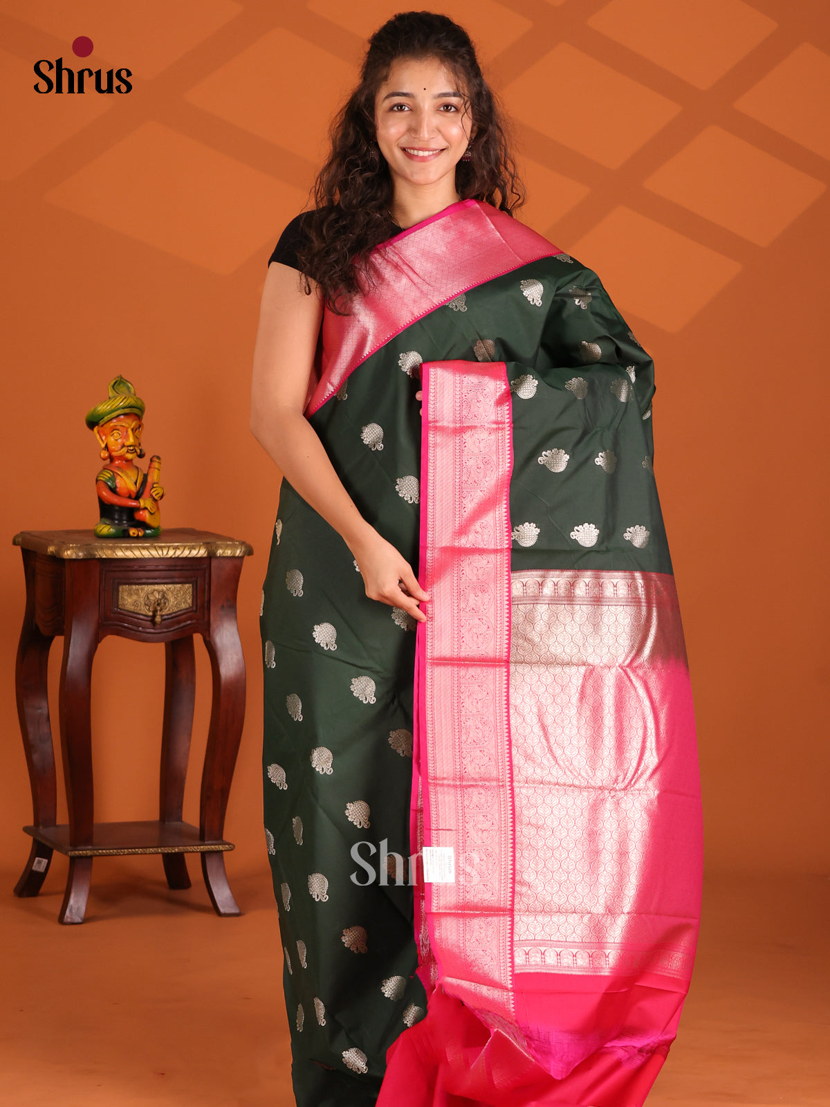 Dark Green & Pink - Korvai Semi Kanchipuram Saree - Shop on Shrus.com