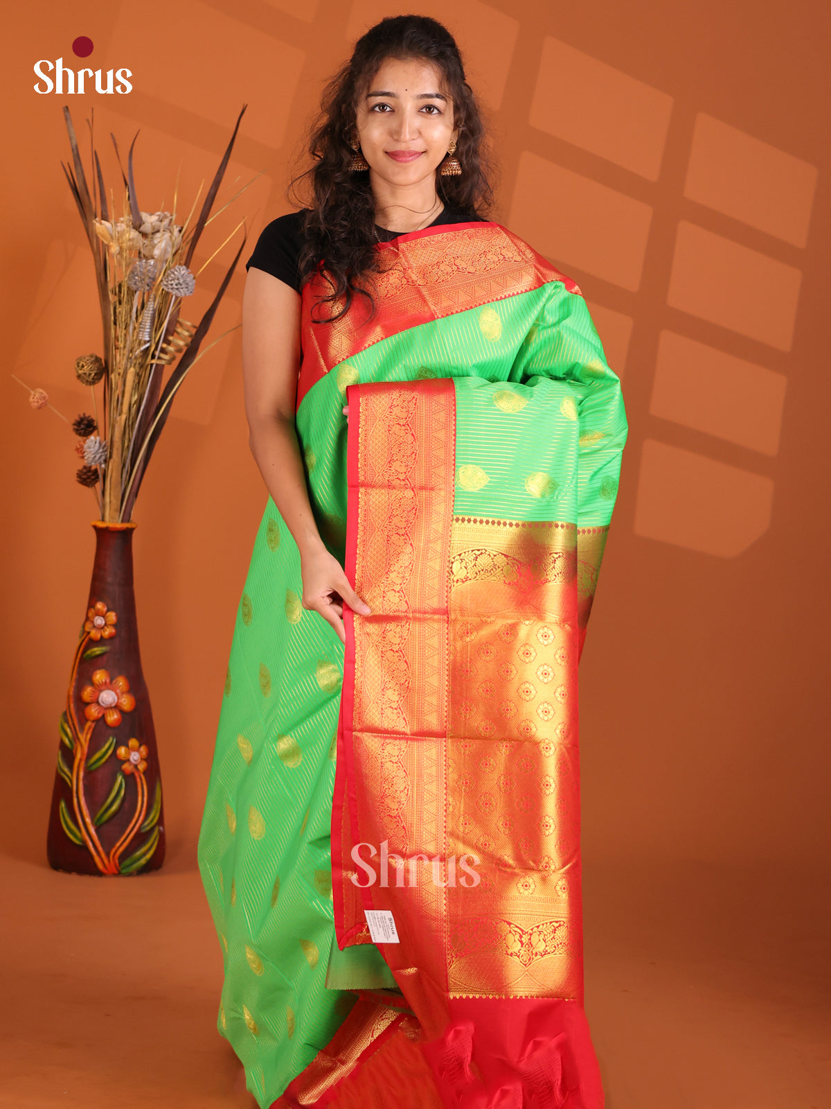 Pista green & Red - Korvai Semi Kanchipuram Saree - Shop on Shrus.com