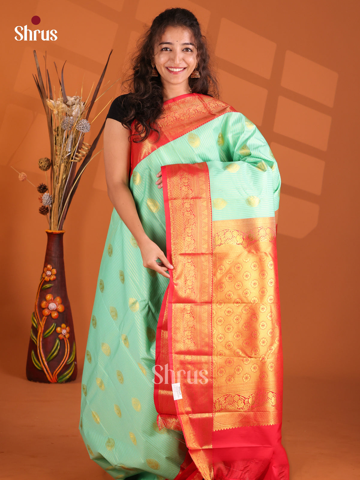 Teal Green & Red - Korvai Semi Kanchipuram Saree - Shop on Shrus.com