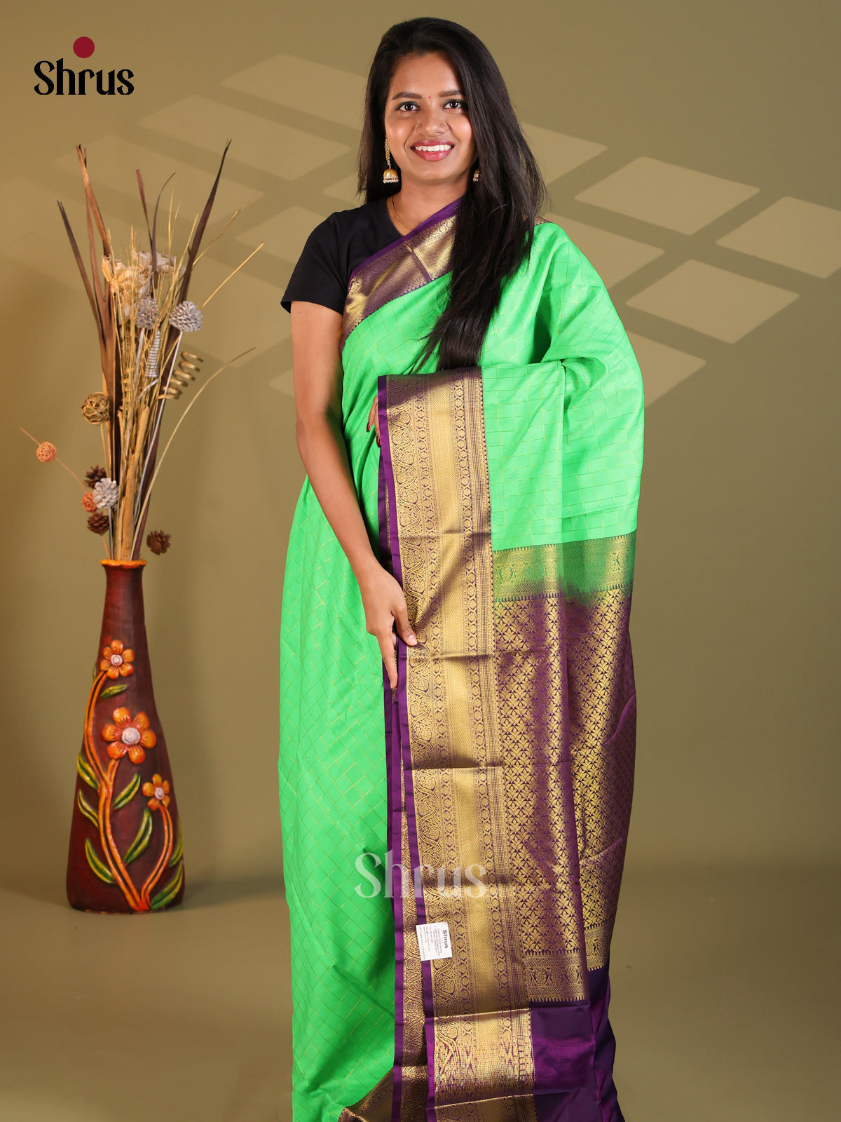 Parrot Green & Violet - Korvai Semi Kanchipuram Saree - Shop on Shrus.com